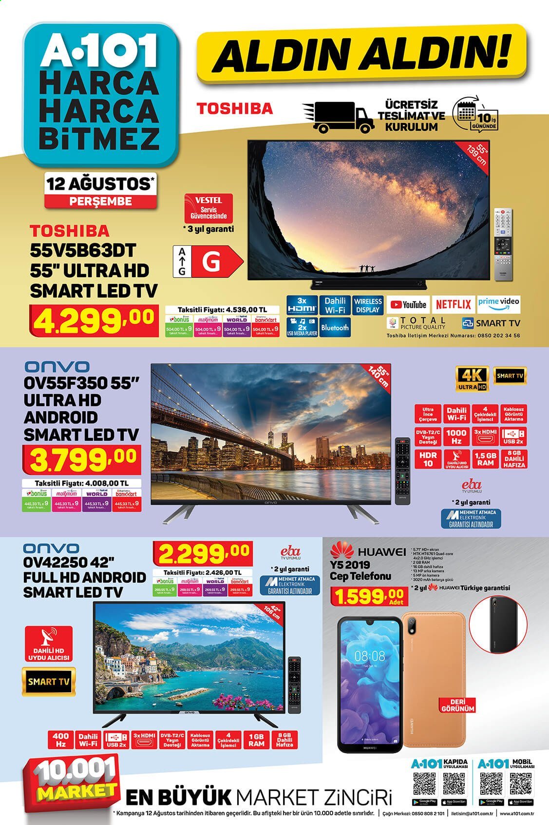 thumbnail - A101 aktüel ürünler, broşür  - 8.12.2021 - 8.25.2021 - Satıştaki ürünler - Smart TV, LED TV, televizyon, Huawei, cep telefon. Sayfa 1.