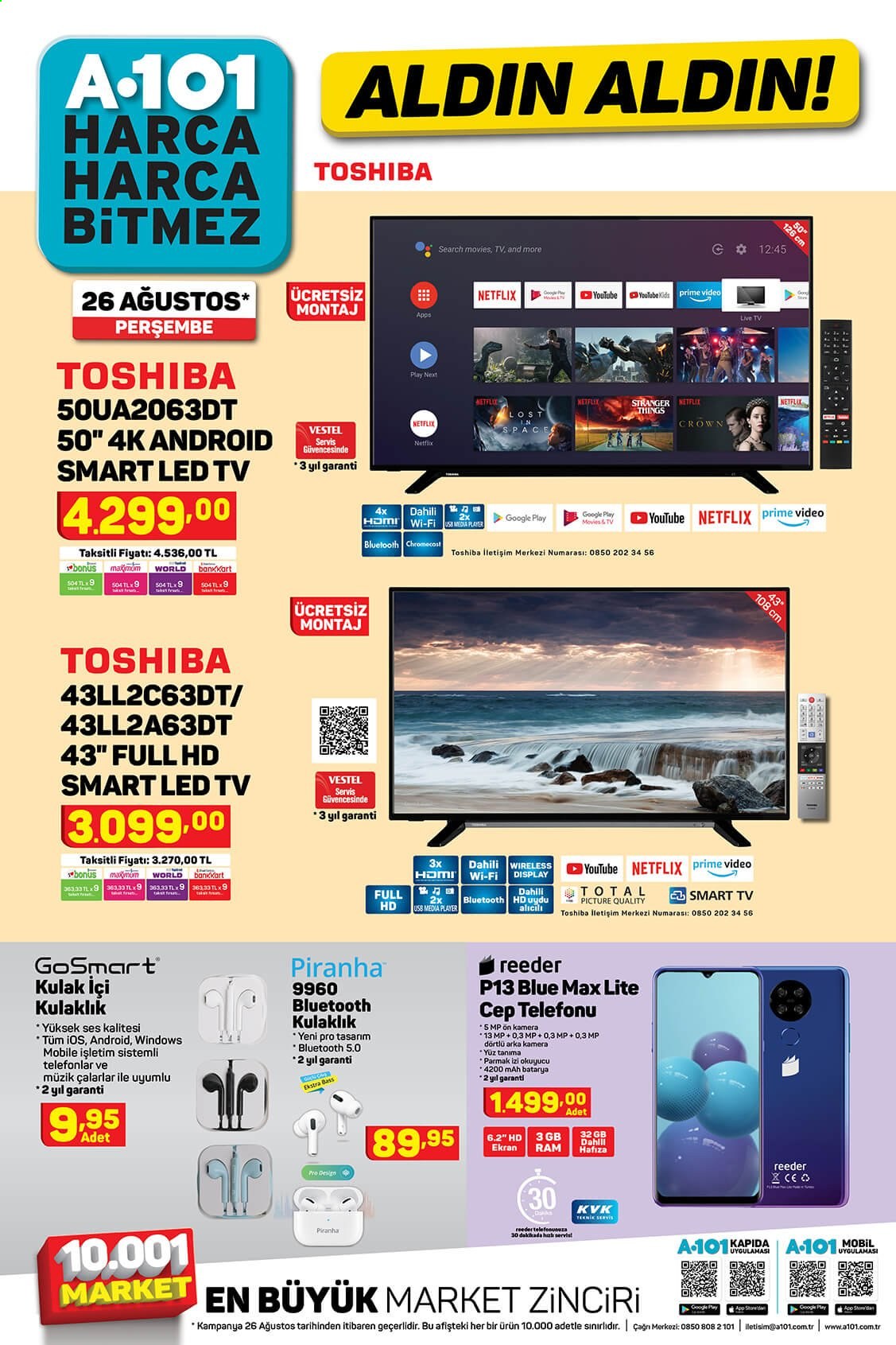 thumbnail - A101 aktüel ürünler, broşür  - 8.26.2021 - 9.3.2021 - Satıştaki ürünler - Smart TV, LED TV, televizyon, cep telefon, kulaklık. Sayfa 1.