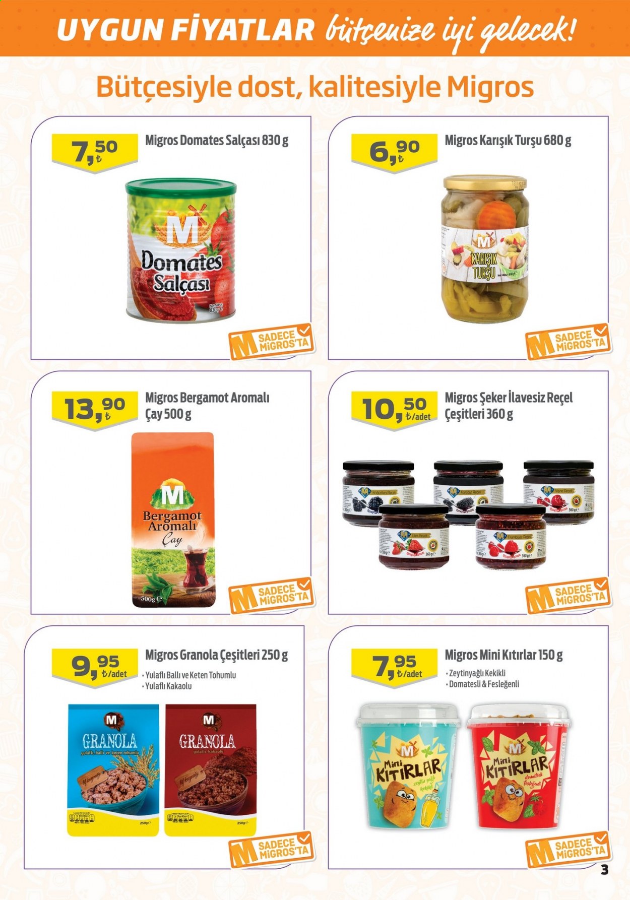thumbnail - Migros aktüel ürünler, broşür  - 8.26.2021 - 9.8.2021 - Satıştaki ürünler - domates salça, granola, reçel, şeker, çay. Sayfa 3.