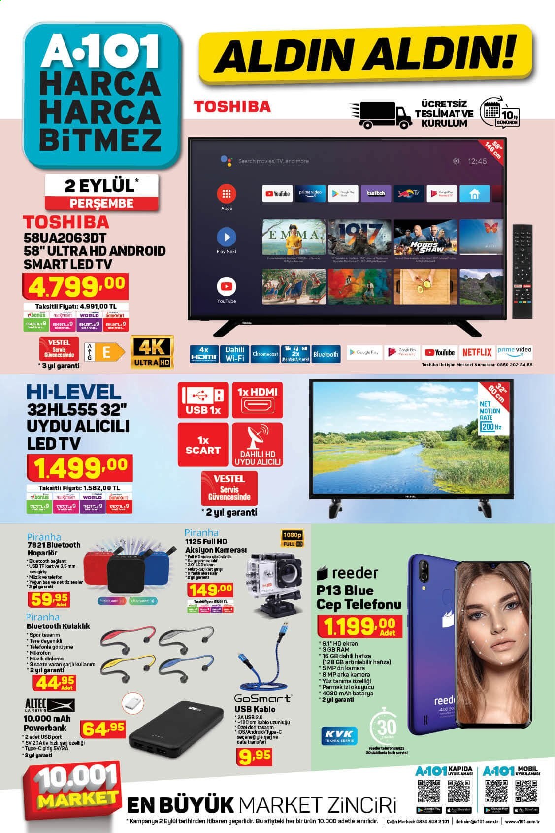 thumbnail - A101 aktüel ürünler, broşür  - Satıştaki ürünler - Smart TV, LED TV, televizyon, cep telefon, powerbank, kulaklık. Sayfa 1.