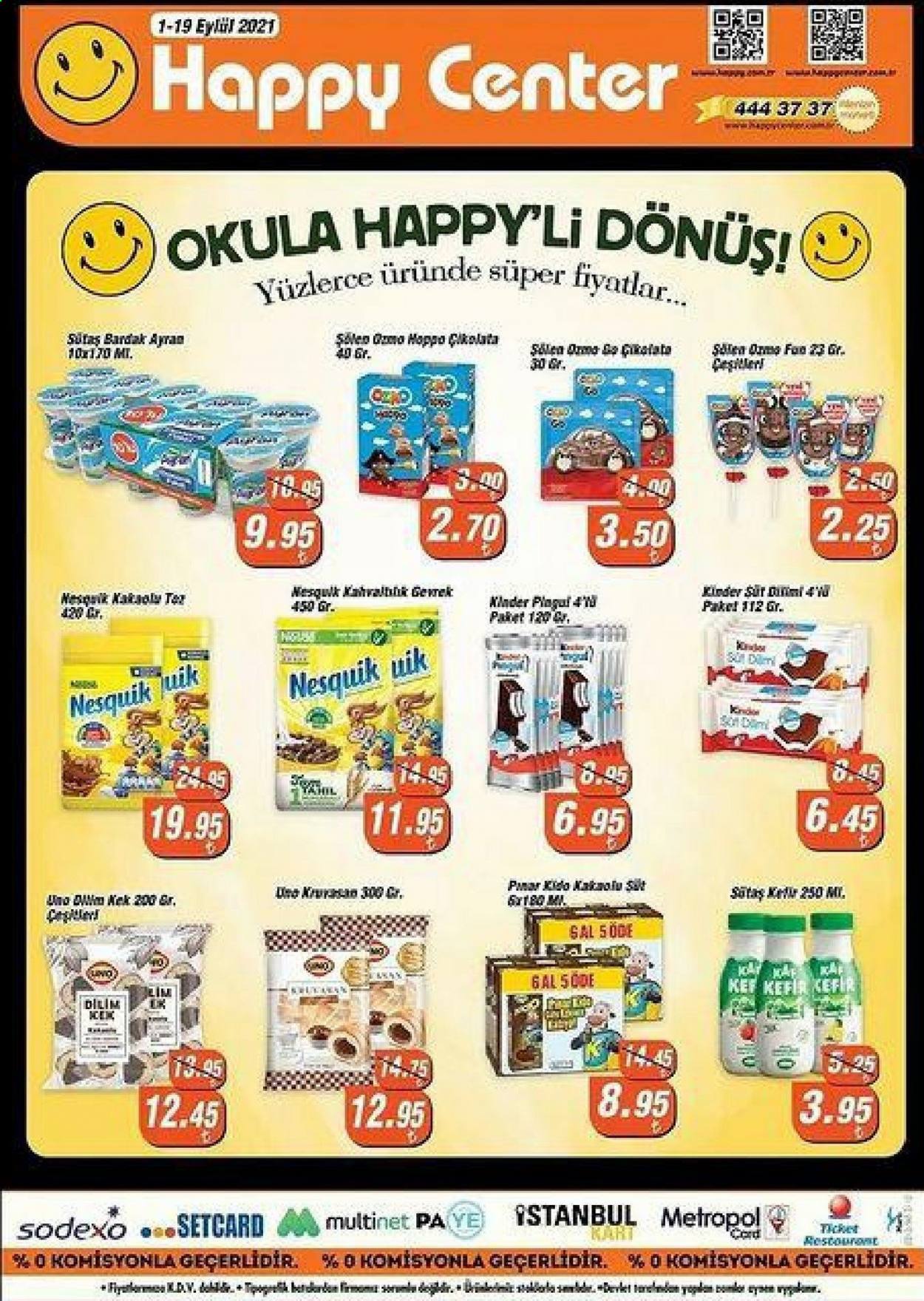 thumbnail - Happy Center aktüel ürünler, broşür  - 9.1.2021 - 9.19.2021 - Satıştaki ürünler - Sütas, ayran, kefir, çikolata, Nesquik. Sayfa 1.