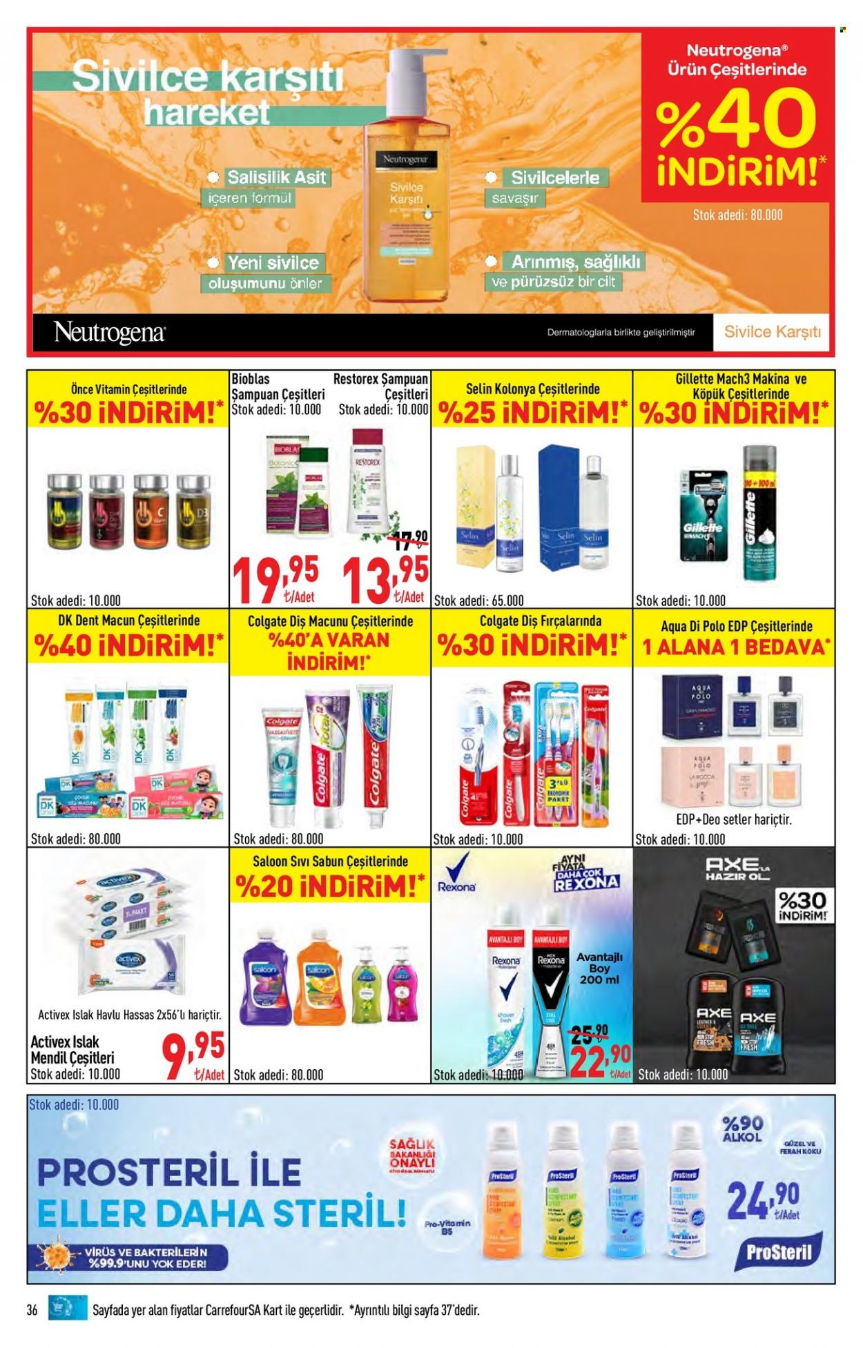 thumbnail - Carrefour aktüel ürünler, broşür  - 9.16.2021 - 9.29.2021 - Satıştaki ürünler - islak havlu, sabun, şampuan, sıvı sabunu, Axe, Colgate, diş macunu, Neutrogena, Rexona, parfüm, Gillette. Sayfa 36.