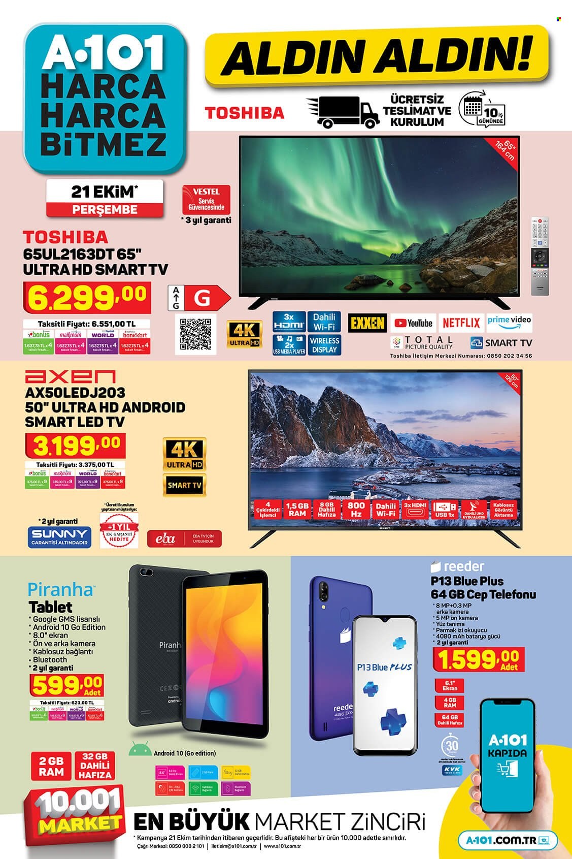 thumbnail - A101 aktüel ürünler, broşür  - Satıştaki ürünler - Smart TV, LED TV, televizyon, cep telefon. Sayfa 1.