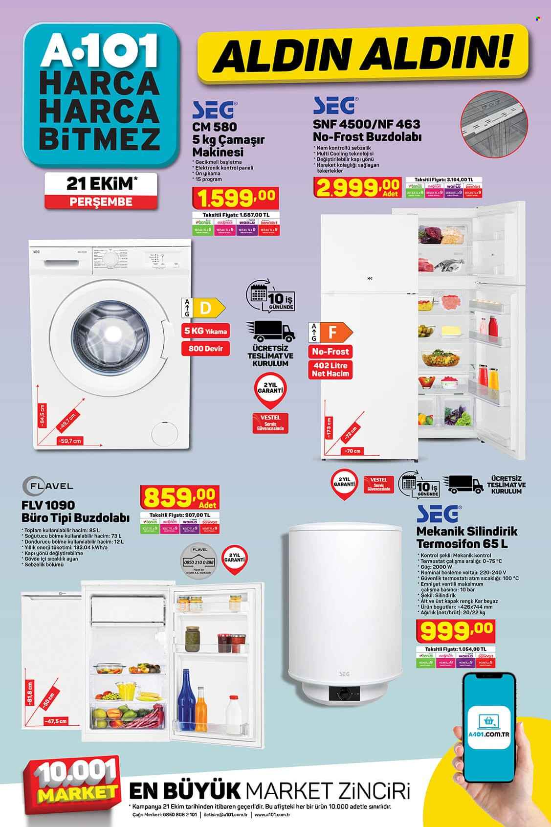 thumbnail - A101 aktüel ürünler, broşür  - Satıştaki ürünler - çamaşır makinesi, Brut, dondurucu. Sayfa 2.