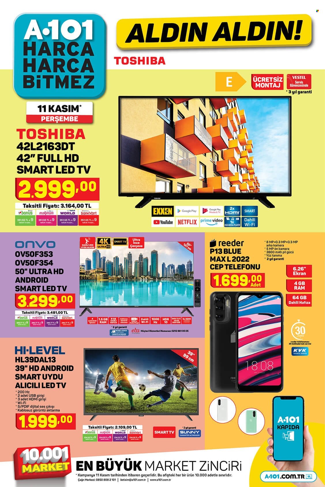 thumbnail - A101 aktüel ürünler, broşür  - 11.11.2021 - 11.19.2021 - Satıştaki ürünler - Smart TV, LED TV, televizyon, cep telefon. Sayfa 1.