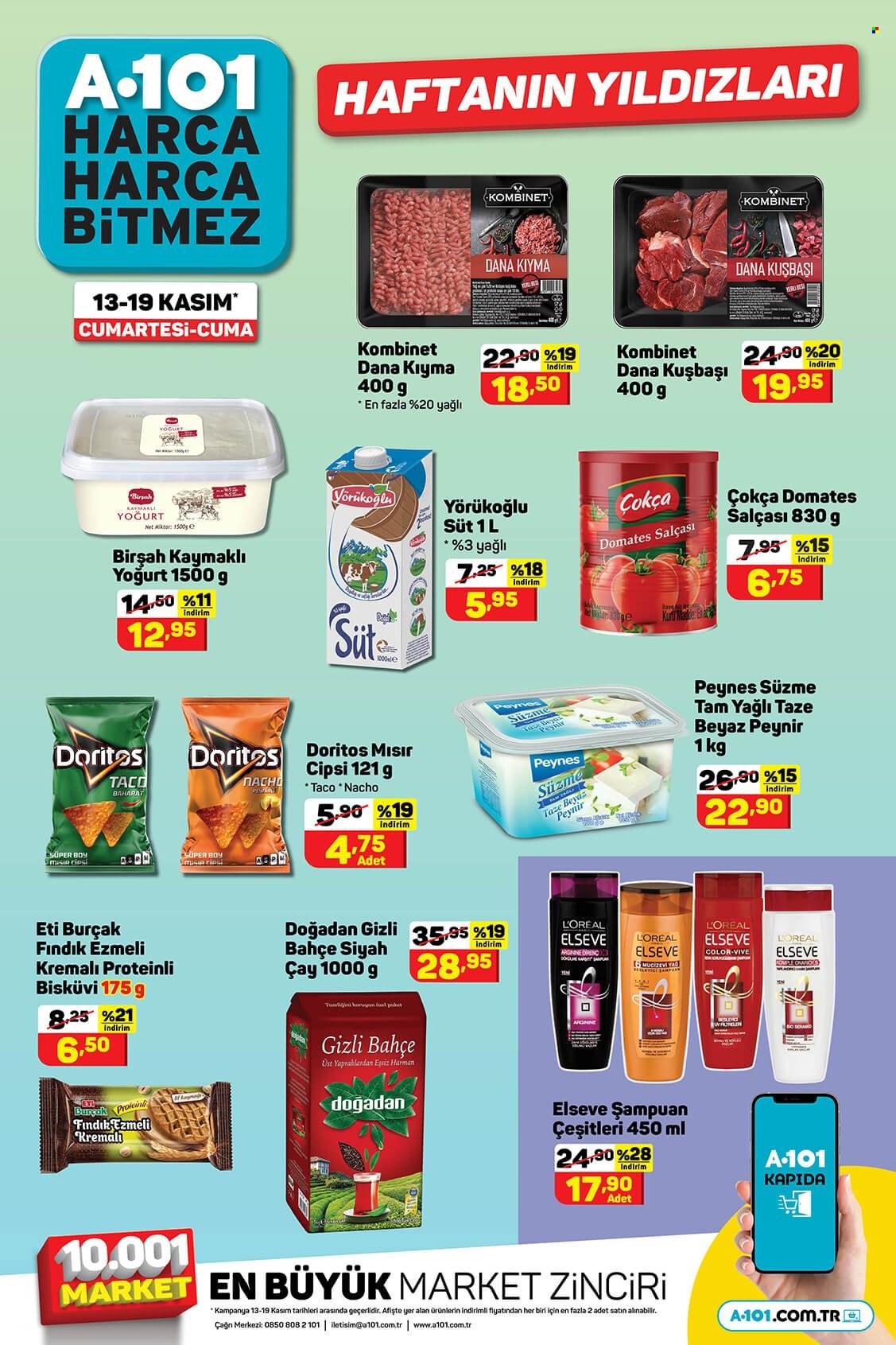thumbnail - A101 aktüel ürünler, broşür  - 11.13.2021 - 11.19.2021 - Satıştaki ürünler - dana kuşbaşı, peynir, beyaz peynir, yoğurt, süt, domates salça, çay, şampuan, L’Oréal. Sayfa 1.