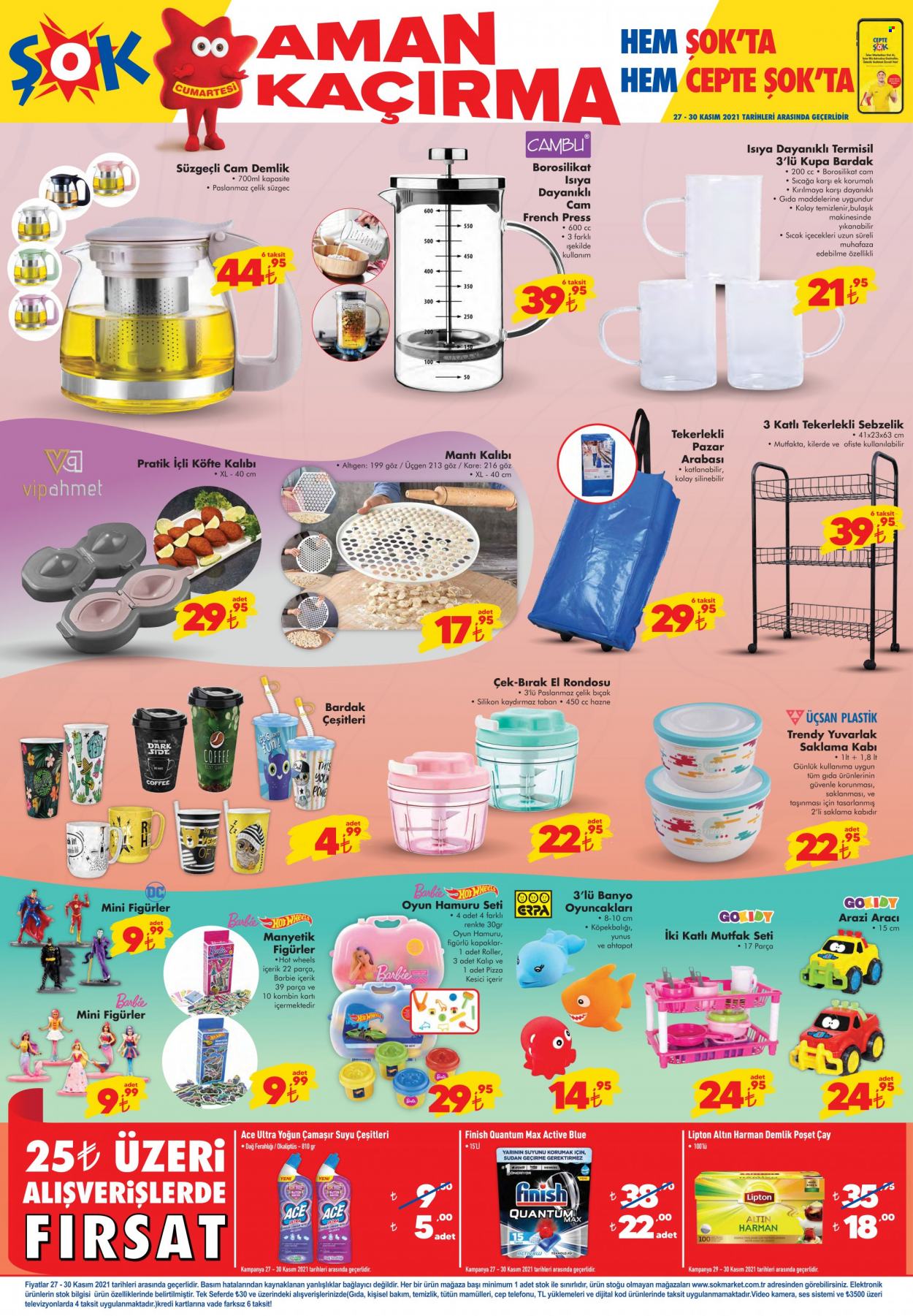 thumbnail - Şok aktüel ürünler, broşür  - 11.27.2021 - 11.30.2021 - Satıştaki ürünler - köfte, çay, yuvarlak, cep telefon, kamera, oyun hamurları, Hot Wheels, banyo oyuncakları, Barbie, figürleri. Sayfa 1.
