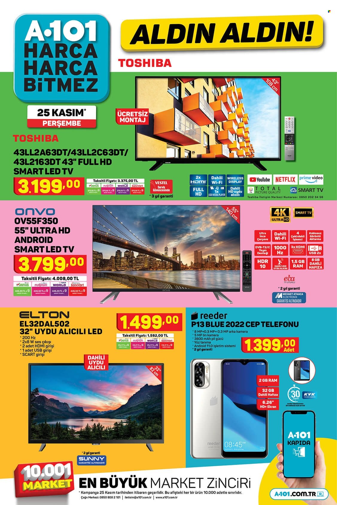 thumbnail - A101 aktüel ürünler, broşür  - 11.25.2021 - 12.3.2021 - Satıştaki ürünler - Smart TV, LED TV, televizyon, cep telefon. Sayfa 1.