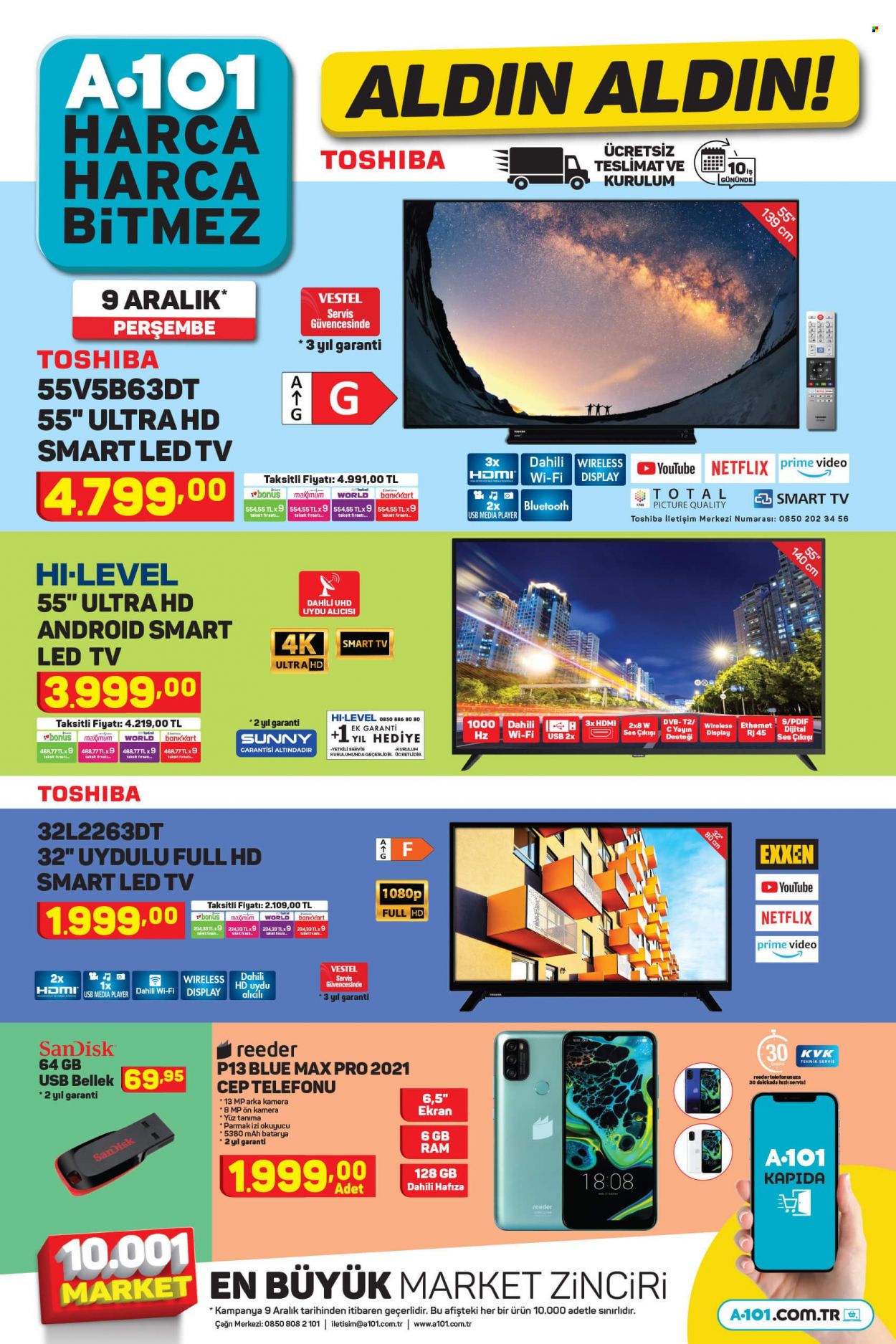 thumbnail - A101 aktüel ürünler, broşür  - 12.9.2021 - 12.17.2021 - Satıştaki ürünler - Smart TV, LED TV, televizyon, cep telefon. Sayfa 1.