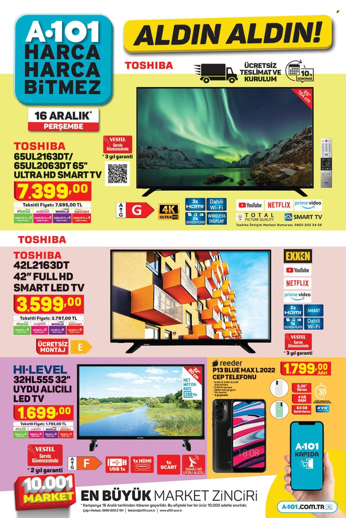 thumbnail - A101 aktüel ürünler, broşür  - 12.16.2021 - 12.24.2021 - Satıştaki ürünler - Smart TV, LED TV, televizyon, cep telefon. Sayfa 1.