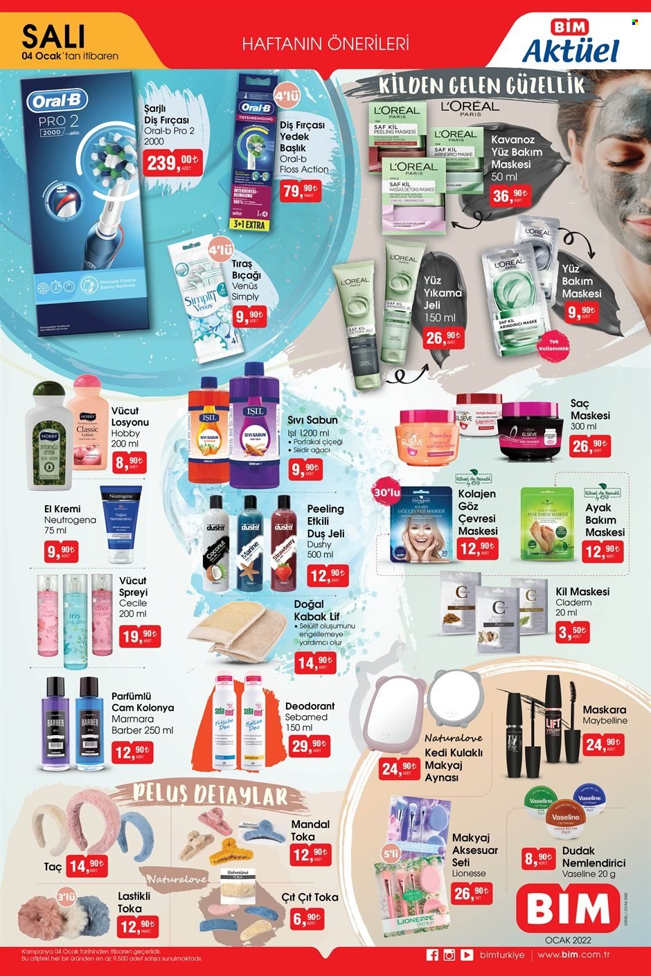 thumbnail - BİM aktüel ürünler, broşür  - 1.4.2022 - 1.16.2022 - Satıştaki ürünler - sabun, sıvı sabunu, L’Oréal, duş jeli, Oral-B, diş fırçası, maske, nemlendirici, Neutrogena, kremi, losyonu, arındırıcı, yüz yıkama jeli, yıkama jeli, saç maskesi, vücut losyonu, deodorant, vücut spreyi, Venus. Sayfa 1.