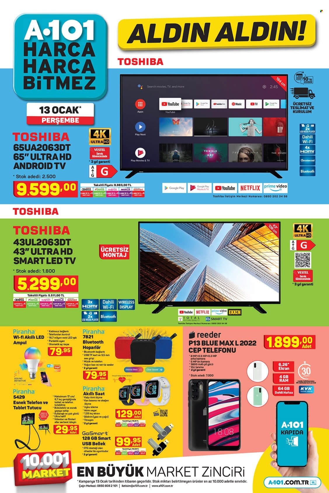 A101 aktüel ürünler, broşür  - 1.13.2022 - 1.20.2022 - Satıştaki ürünler - saat, smart tv, tablet, televizyon, pil, mp, led tv, kamera, kart, Clear, ampul. Sayfa 1.