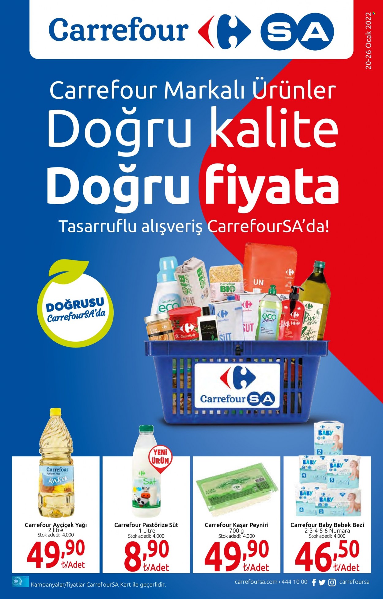 thumbnail - Carrefour aktüel ürünler, broşür  - 1.20.2022 - 1.26.2022 - Satıştaki ürünler - kaşar peyniri, süt, yağı, ayçiçek yağı, bebek bezi. Sayfa 1.
