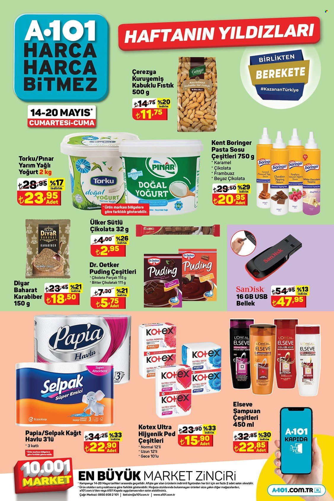 thumbnail - A101 aktüel ürünler, broşür  - 5.14.2022 - 5.20.2022 - Satıştaki ürünler - Pınar, Dr. Oetker, yoğurt, Torku, Ülker, şampuan, L’Oréal. Sayfa 1.