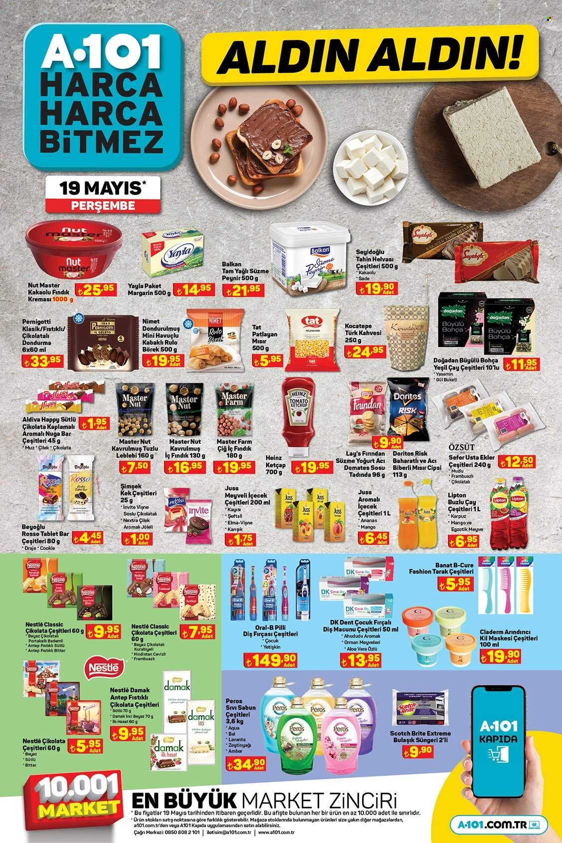 thumbnail - A101 aktüel ürünler, broşür  - Satıştaki ürünler - Nimet, ekler, kek, mango, ananas, elma, süzme peynir, peynir, süzme yoğurt, yoğurt, yayla, margarin, dondurma, çikolata, Nestlé, nuga, ketçap, yağı, zeytinyağı, tahin, Lipton, sabun, sıvı sabunu, Oral-B, diş fırçası, diş macunu, tarak, fırça. Sayfa 9.