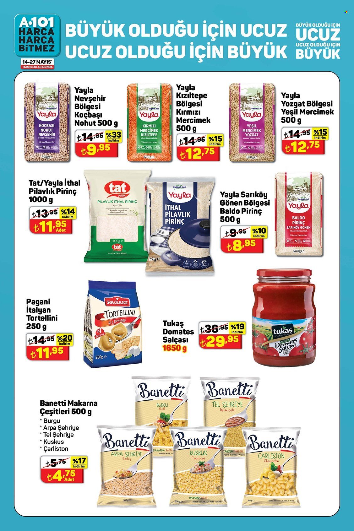thumbnail - A101 aktüel ürünler, broşür  - Satıştaki ürünler - makarna, yayla, domates salça. Sayfa 1.
