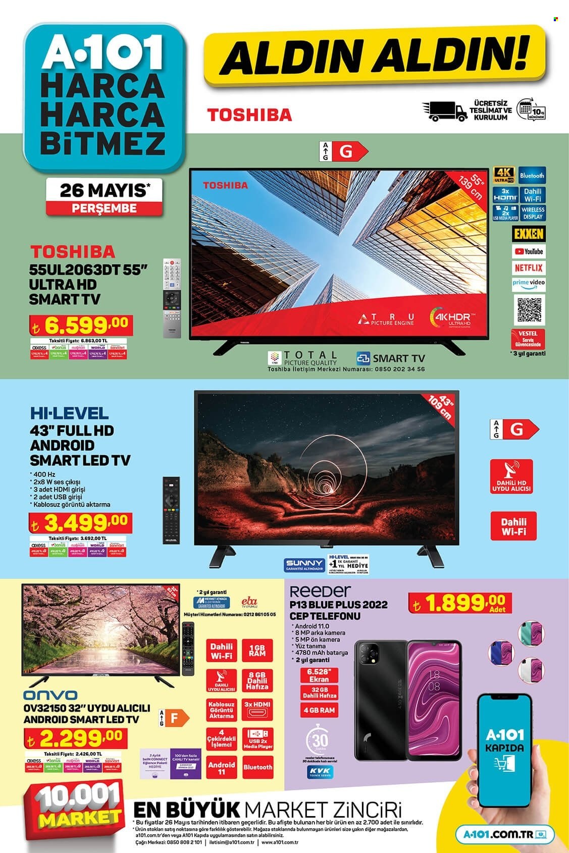 thumbnail - A101 aktüel ürünler, broşür  - 5.26.2022 - 6.5.2022 - Satıştaki ürünler - Smart TV, LED TV, televizyon, cep telefon. Sayfa 1.