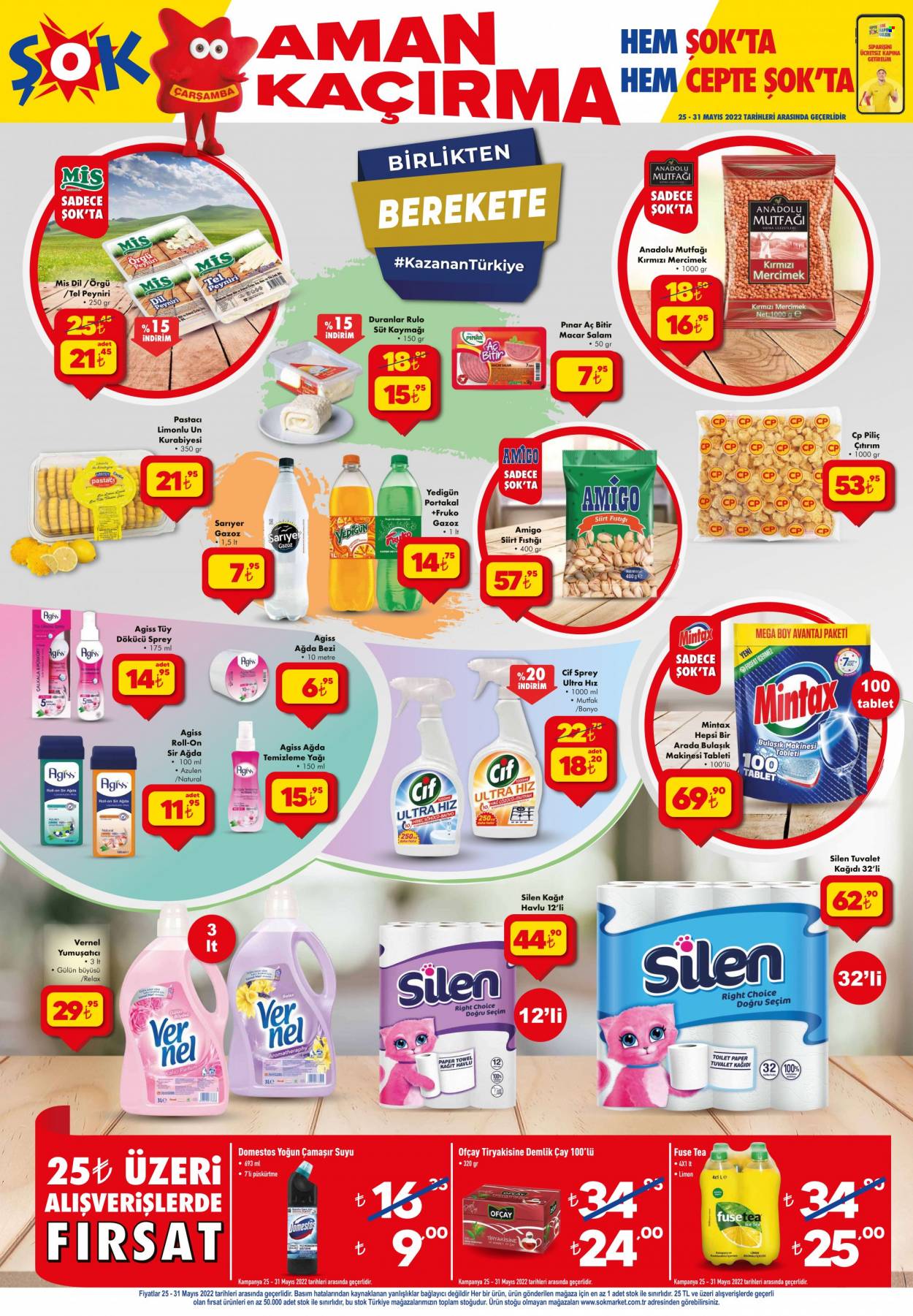 thumbnail - Şok aktüel ürünler, broşür  - 5.25.2022 - 5.31.2022 - Satıştaki ürünler - Pınar, süt, yağı, çay, roll-on, ağda. Sayfa 1.