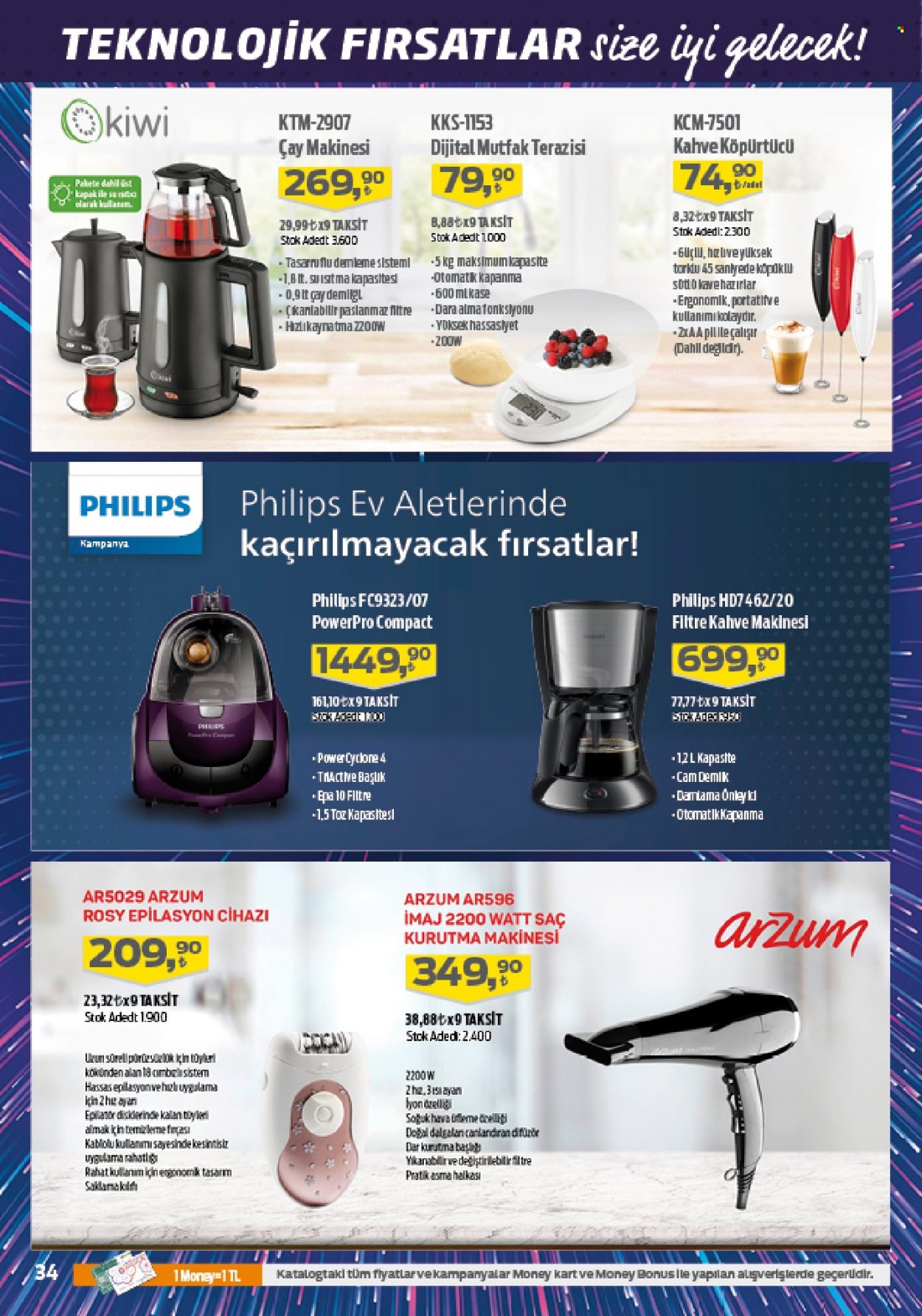 thumbnail - Migros aktüel ürünler, broşür  - 6.23.2022 - 7.6.2022 - Satıştaki ürünler - Philips, çay makinesi, çay, kahve, fırça, saç kurutma makinesi. Sayfa 34.