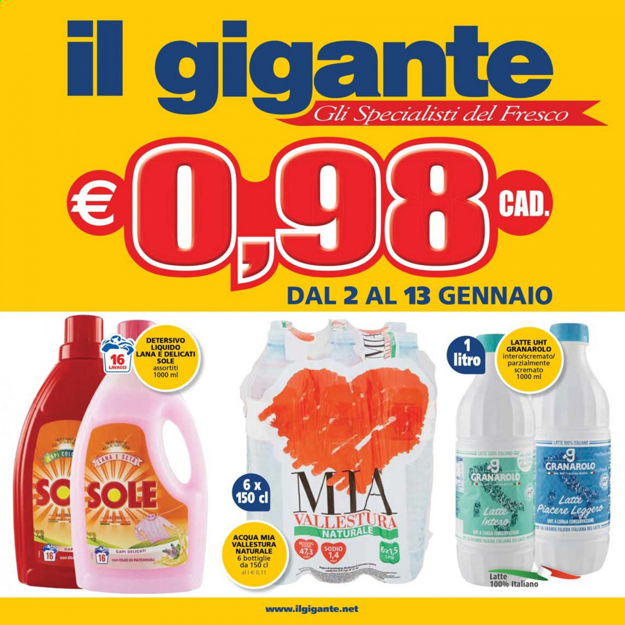 thumbnail - Volantino Il Gigante - 2/1/2021 - 13/1/2021 - Prodotti in offerta - Granarolo, latte, detersivo. Pagina 1.