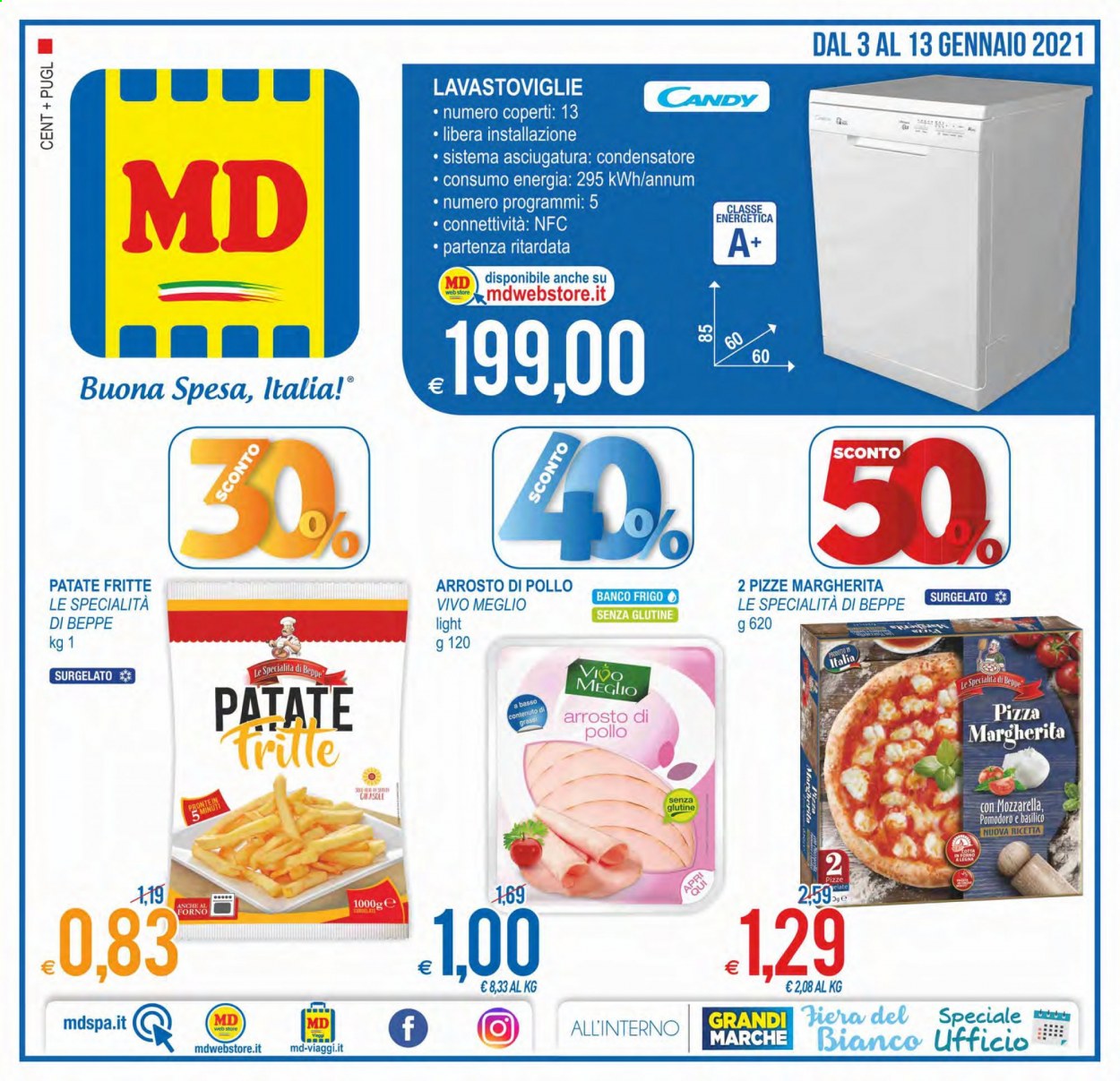 thumbnail - Volantino MD Discount - 3/1/2021 - 13/1/2021 - Prodotti in offerta - pomodori, arrosto di pollo, patatine, pizza, pizza Margherita, Candy, forno, lavastoviglie. Pagina 1.