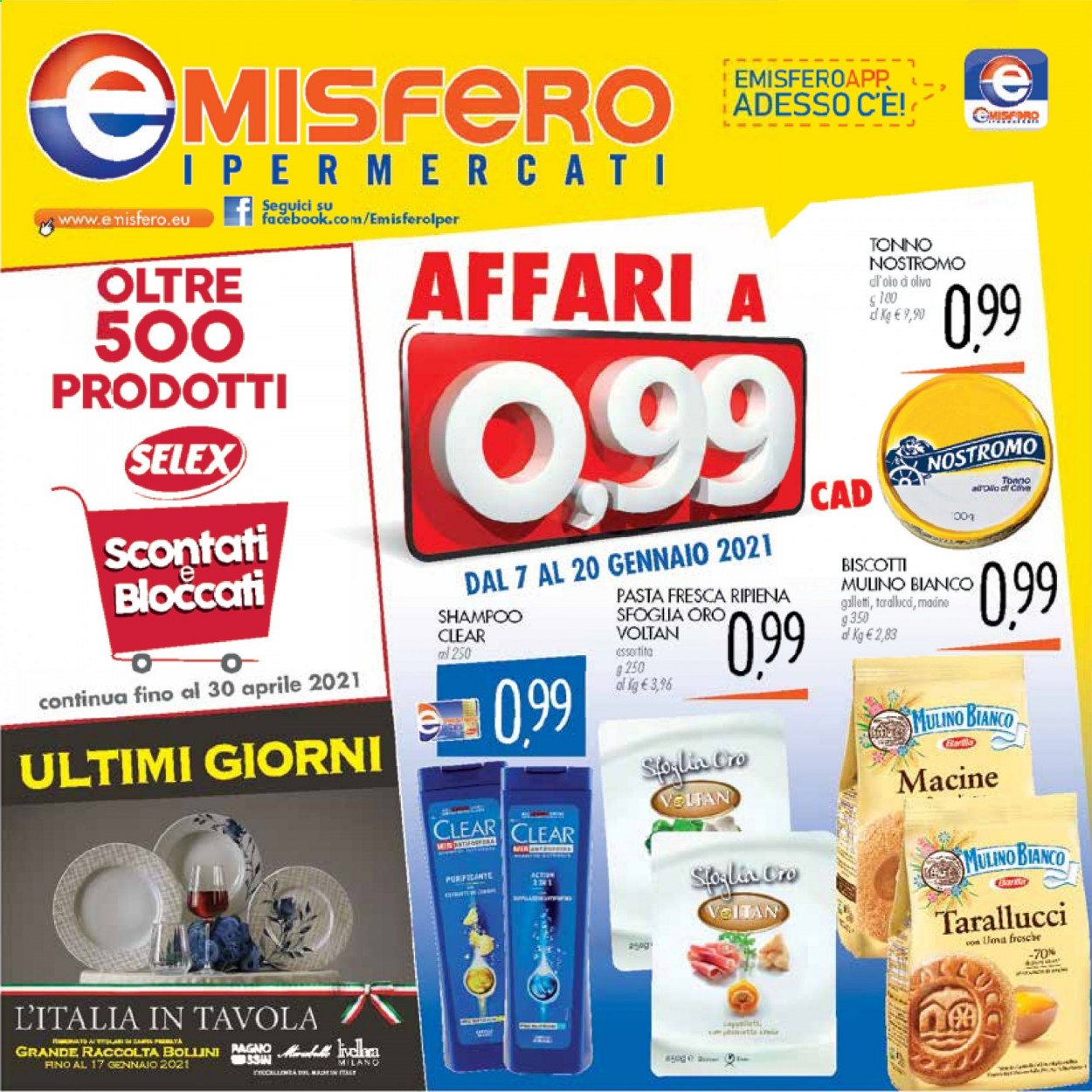 thumbnail - Volantino Emisfero - 7/1/2021 - 20/1/2021 - Prodotti in offerta - Mulino Bianco, tonno, biscotti, Nostromo, pasta fresca, shampoo. Pagina 1.
