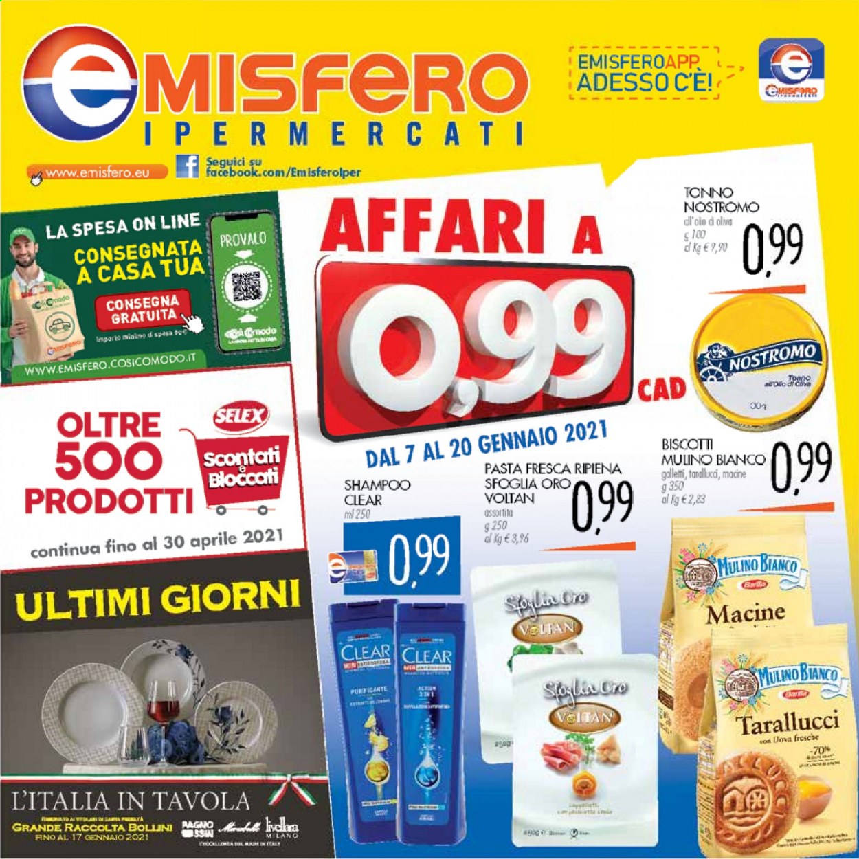 thumbnail - Volantino Emisfero - 7/1/2021 - 20/1/2021 - Prodotti in offerta - Mulino Bianco, tonno, biscotti, Nostromo, pasta fresca, shampoo. Pagina 1.
