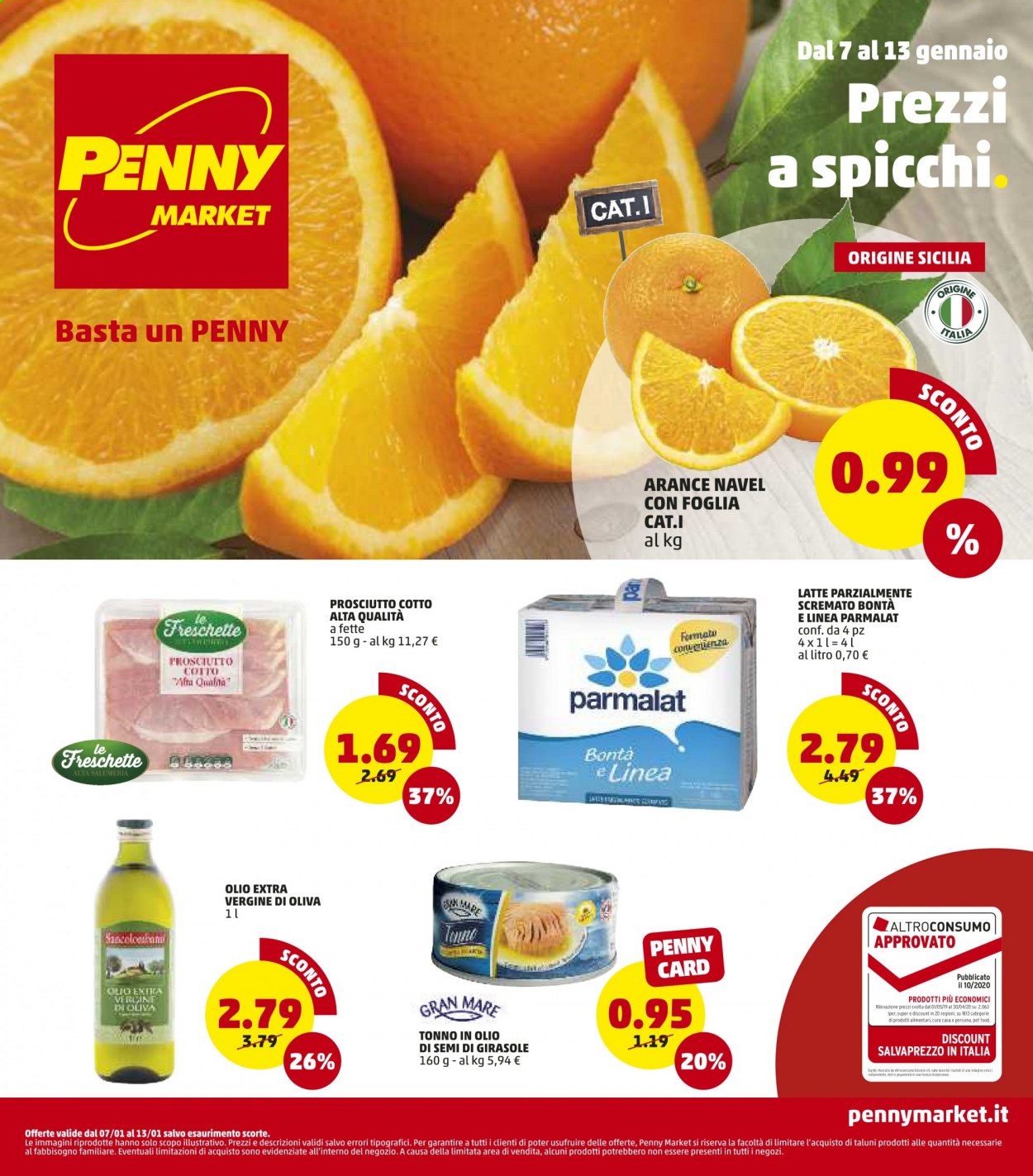 thumbnail - Volantino Penny Market - 7/1/2021 - 13/1/2021 - Prodotti in offerta - arance, arancie Navel, tonno, prosciutto, prosciutto cotto, Parmalat, latte, tonno sott'olio. Pagina 1.