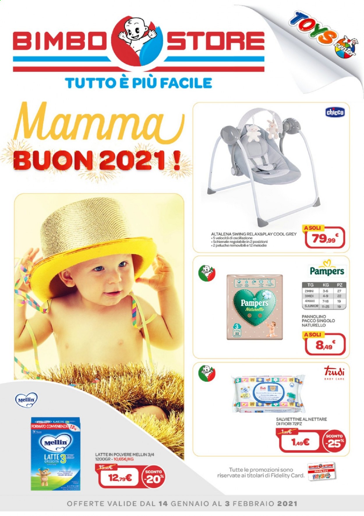 thumbnail - Volantino Bimbo Store - 14/1/2021 - 3/2/2021 - Prodotti in offerta - Chicco, nettare, Mellin, latte in polvere, salviettine, Pampers, peluche, altalena, schienale. Pagina 1.