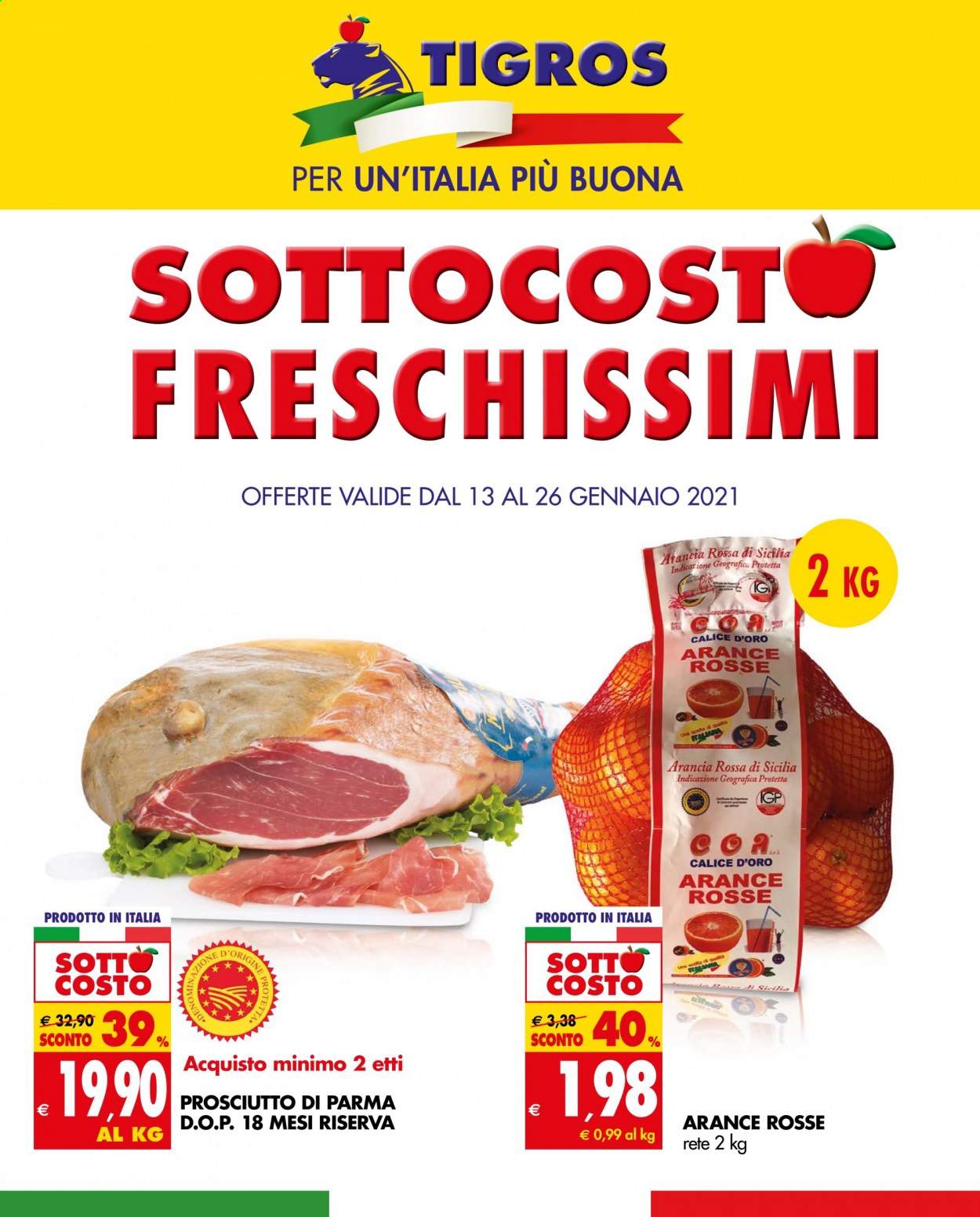 thumbnail - Volantino Tigros - 13/1/2021 - 26/1/2021 - Prodotti in offerta - arance, prosciutto, Prosciutto di Parma, calice. Pagina 1.