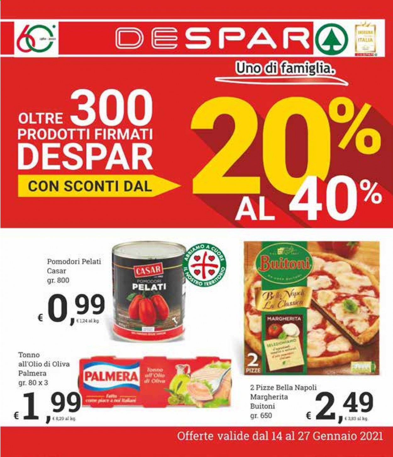 thumbnail - Volantino Despar - 14/1/2021 - 27/1/2021 - Prodotti in offerta - Buitoni, tonno sott'olio, pomodori pelati. Pagina 1.