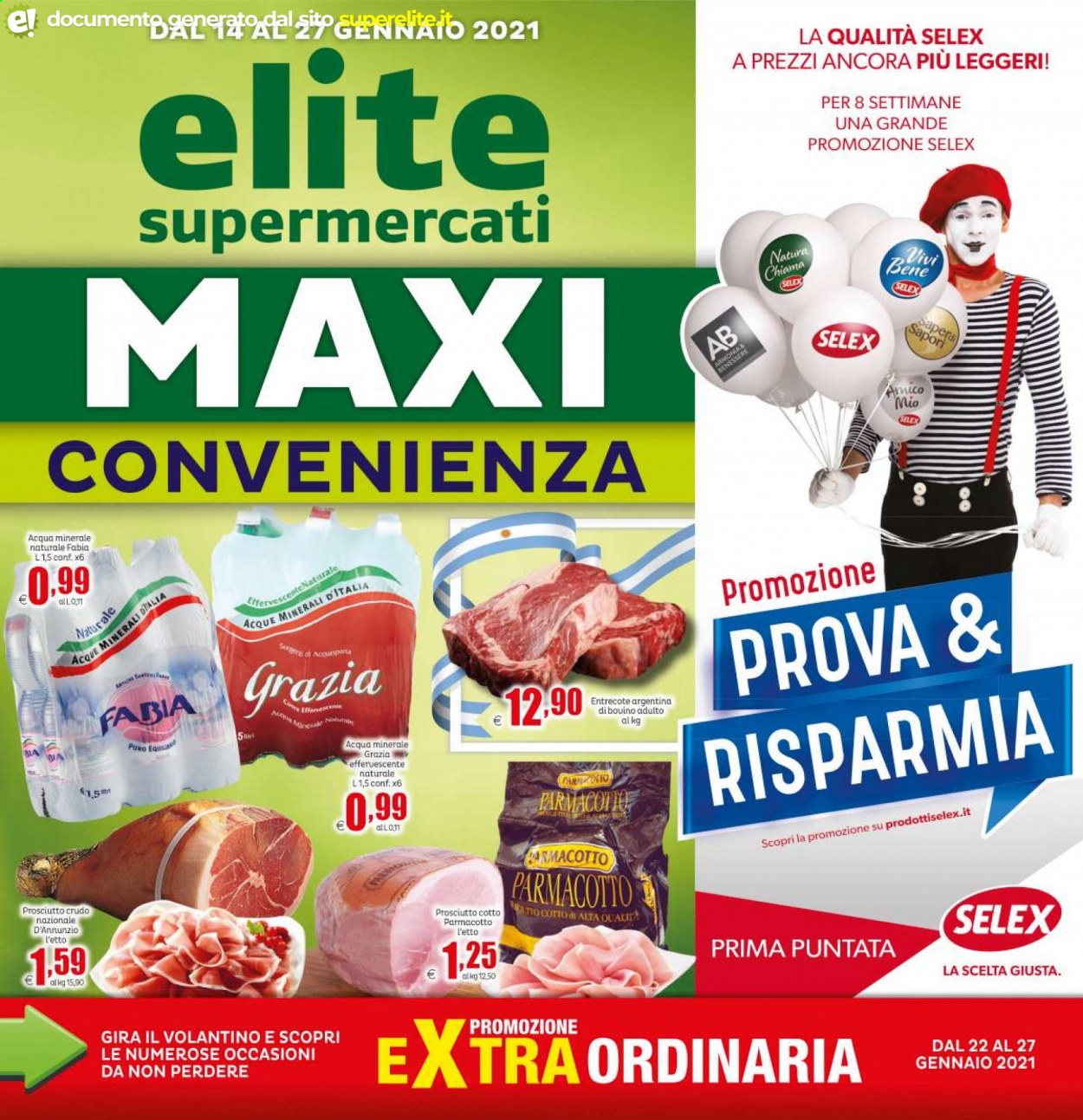 thumbnail - Volantino Elite Supermercati - 14/1/2021 - 27/1/2021 - Prodotti in offerta - entrecôte, manzo, prosciutto, prosciutto cotto, prosciutto crudo, acqua minerale. Pagina 1.