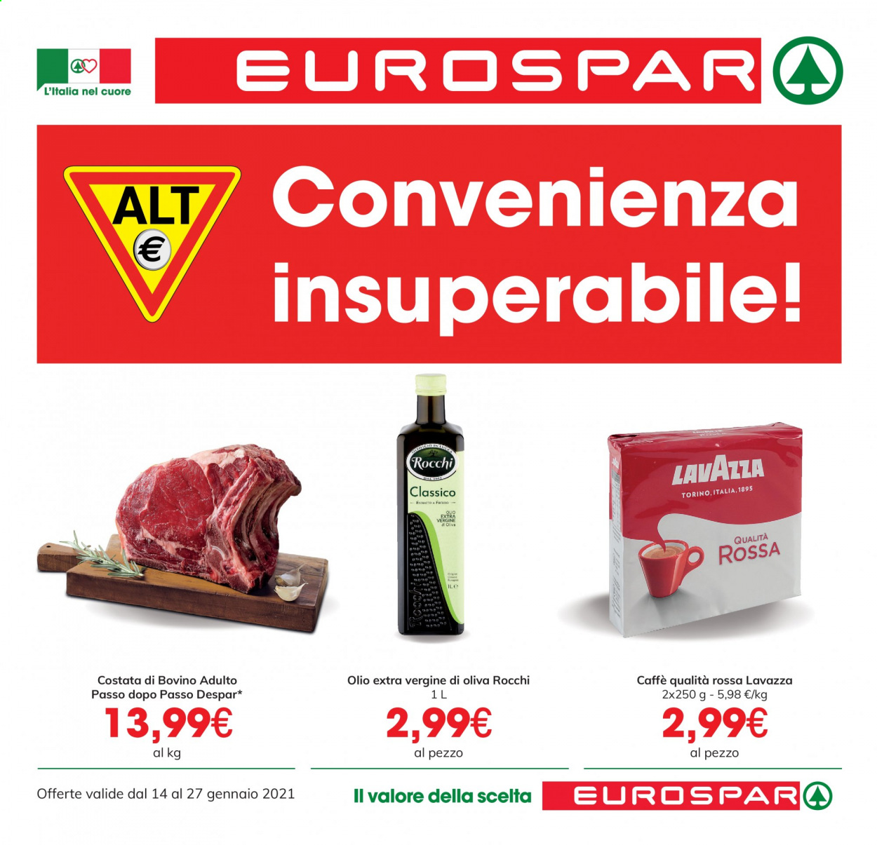 thumbnail - Volantino Eurospar - 14/1/2021 - 27/1/2021 - Prodotti in offerta - manzo, olio, olio extra vergine di oliva, caffè, Lavazza. Pagina 1.