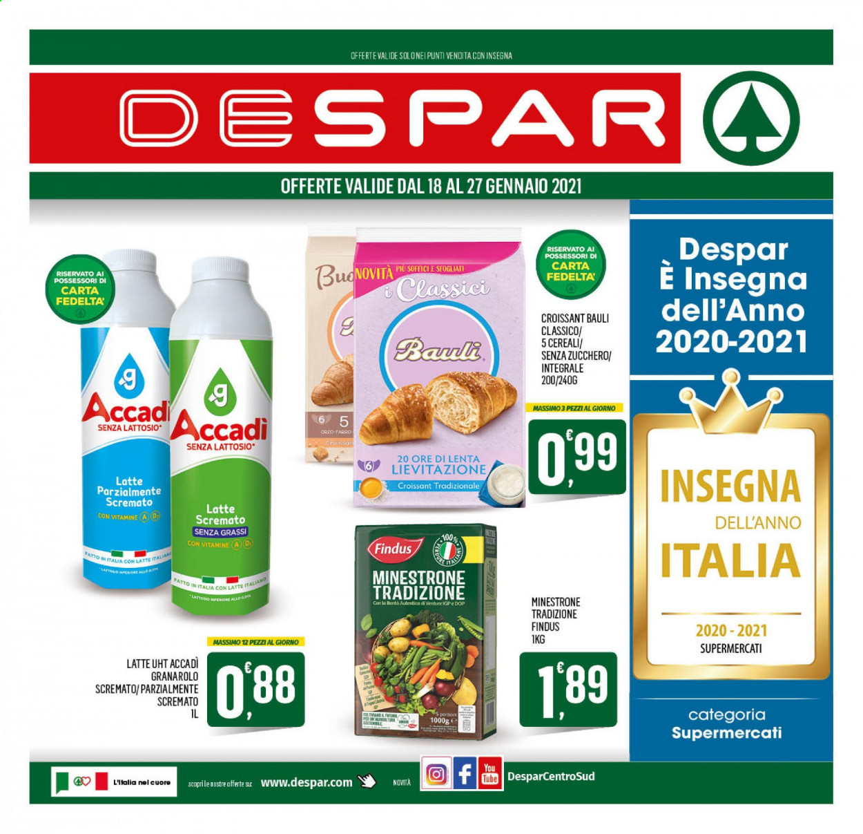 thumbnail - Volantino Despar - 18/1/2021 - 27/1/2021 - Prodotti in offerta - Bauli, croissant, more, Findus, minestrone, Granarolo, cereali, orzo, farro. Pagina 1.