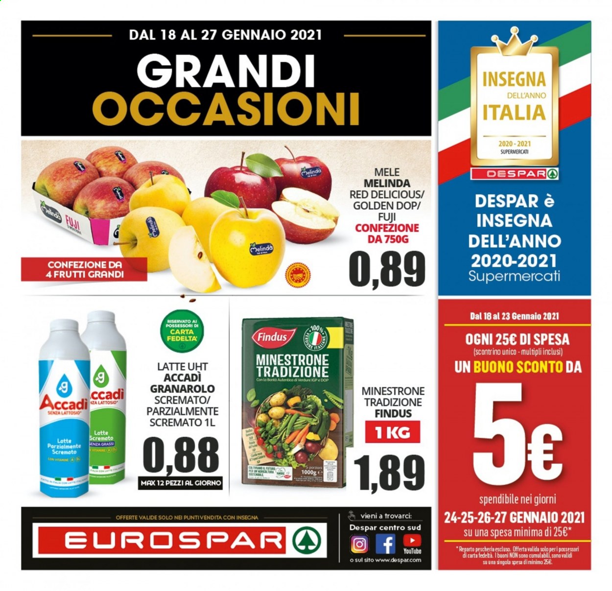 thumbnail - Volantino Eurospar - 18/1/2021 - 27/1/2021 - Prodotti in offerta - mele, Red Delicious, Findus, minestrone, Granarolo. Pagina 1.