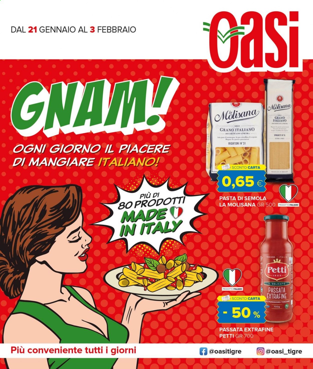 thumbnail - Volantino Oasi - 21/1/2021 - 3/2/2021 - Prodotti in offerta - pomodori, passata di pomodoro, Petti, pasta. Pagina 1.