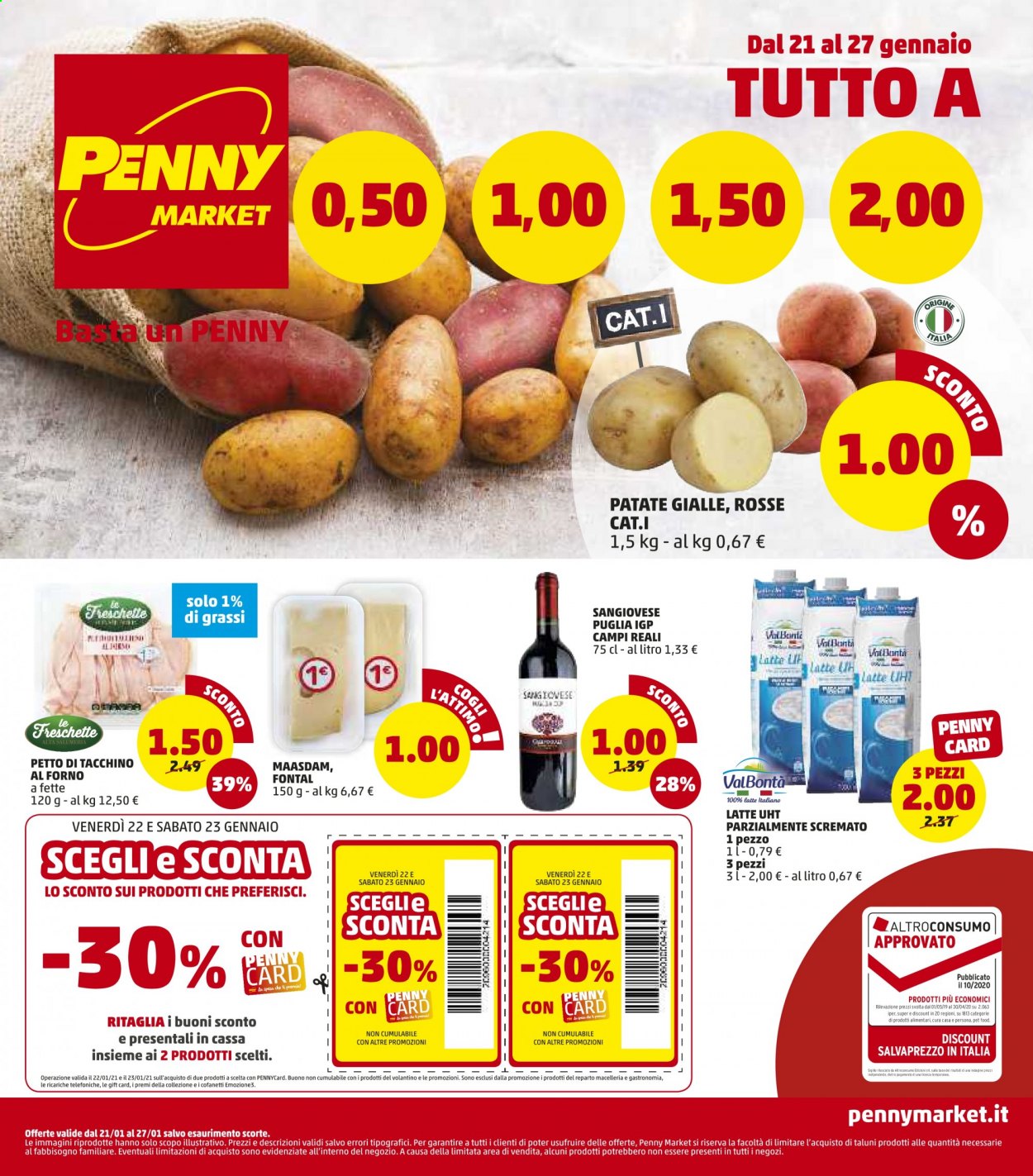 thumbnail - Volantino Penny Market - 21/1/2021 - 27/1/2021 - Prodotti in offerta - patate, patate gialle, petto di tacchino, formaggio, maasdam, vino rosso, vino, Sangiovese. Pagina 1.