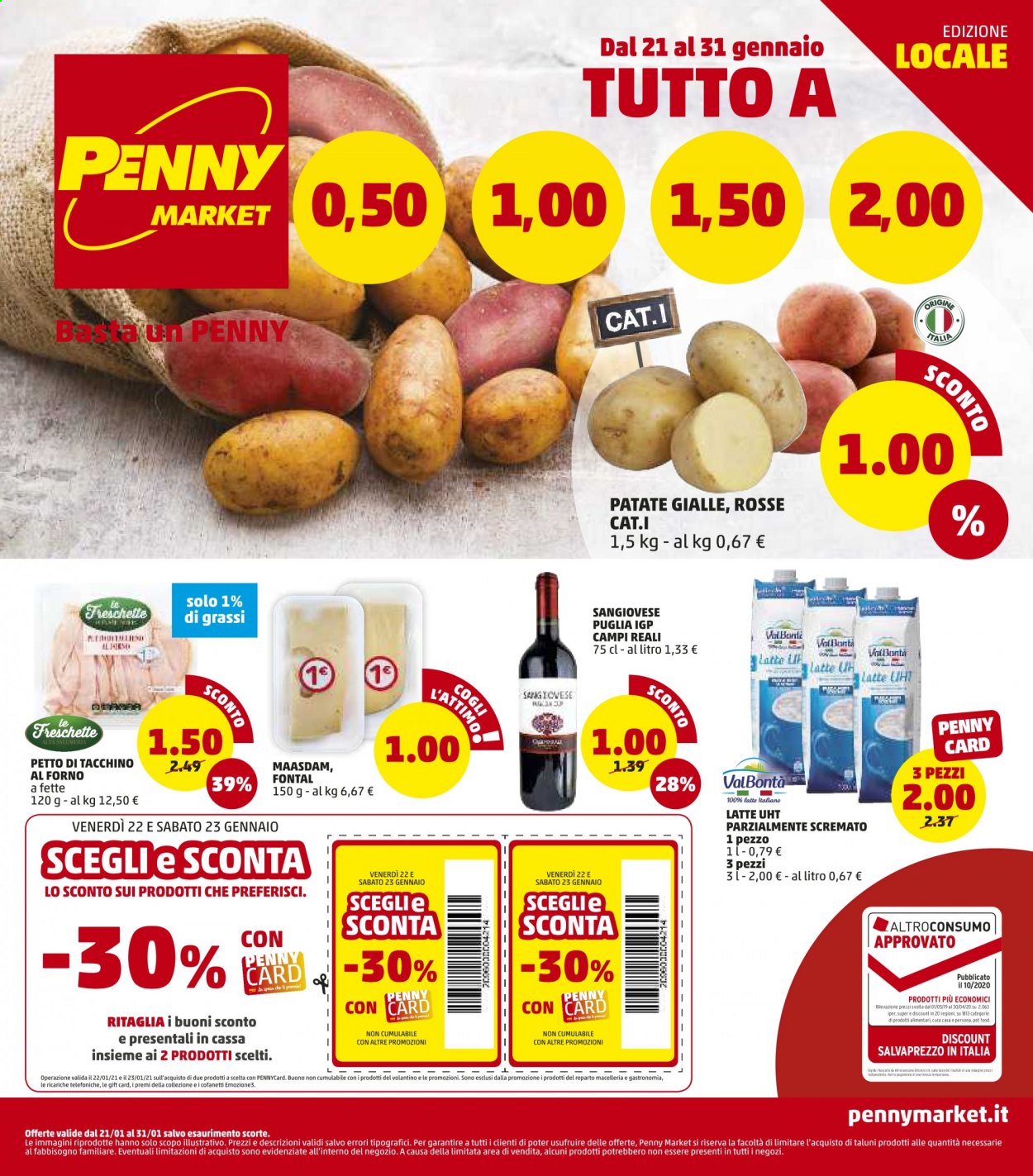 thumbnail - Volantino Penny Market - 21/1/2021 - 31/1/2021 - Prodotti in offerta - patate, patate gialle, petto di tacchino, formaggio, maasdam, vino rosso, vino, Sangiovese. Pagina 1.