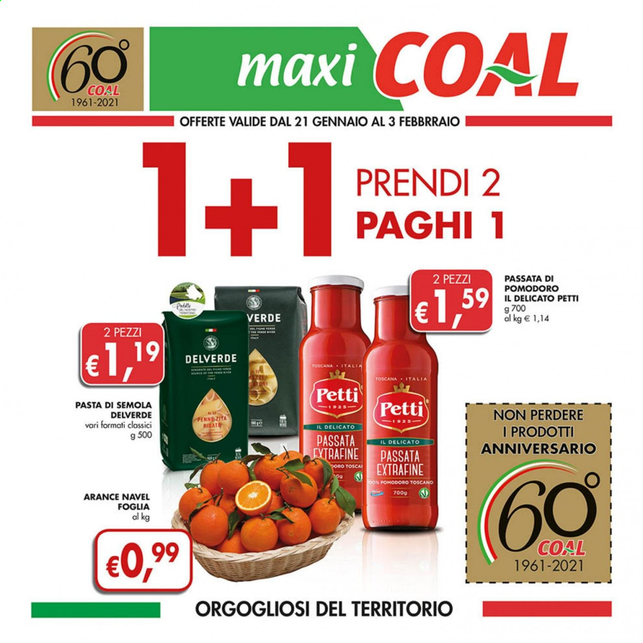 thumbnail - Volantino COAL - 21/1/2021 - 3/2/2021 - Prodotti in offerta - arance, arancie Navel, passata di pomodoro, Petti, pasta, penne, Delverde. Pagina 1.