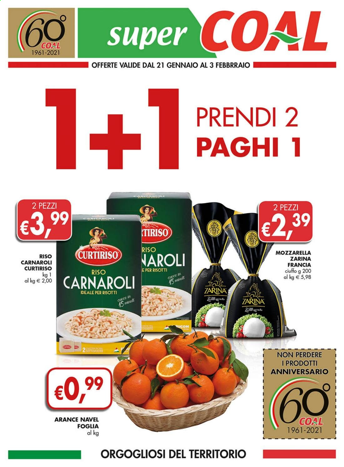 thumbnail - Volantino COAL - 21/1/2021 - 3/2/2021 - Prodotti in offerta - arance, arancie Navel, formaggio, mozzarella, riso, riso carnaroli, Curtiriso. Pagina 1.