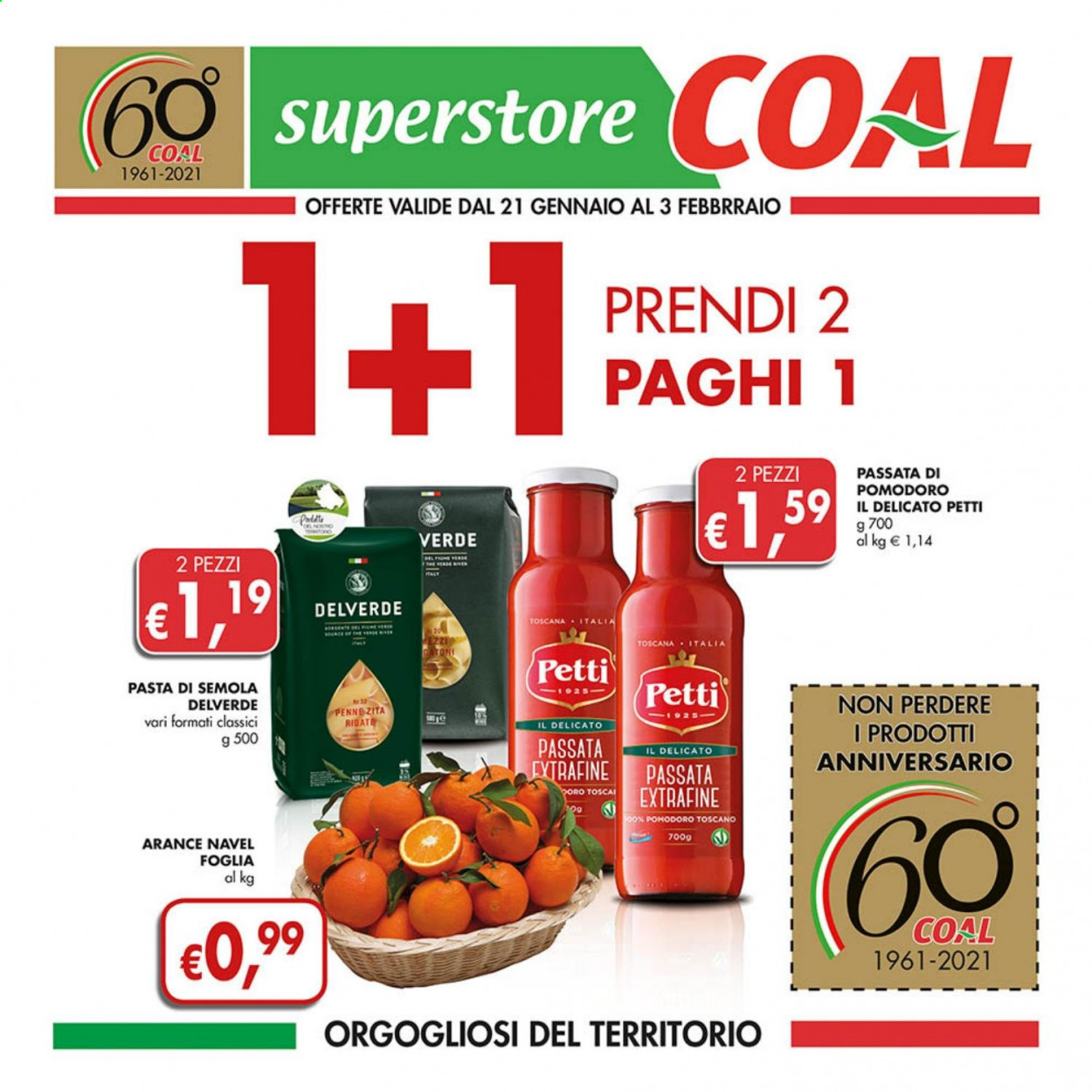 thumbnail - Volantino COAL - 21/1/2021 - 3/2/2021 - Prodotti in offerta - arance, arancie Navel, passata di pomodoro, Petti, pasta, penne, Delverde. Pagina 1.