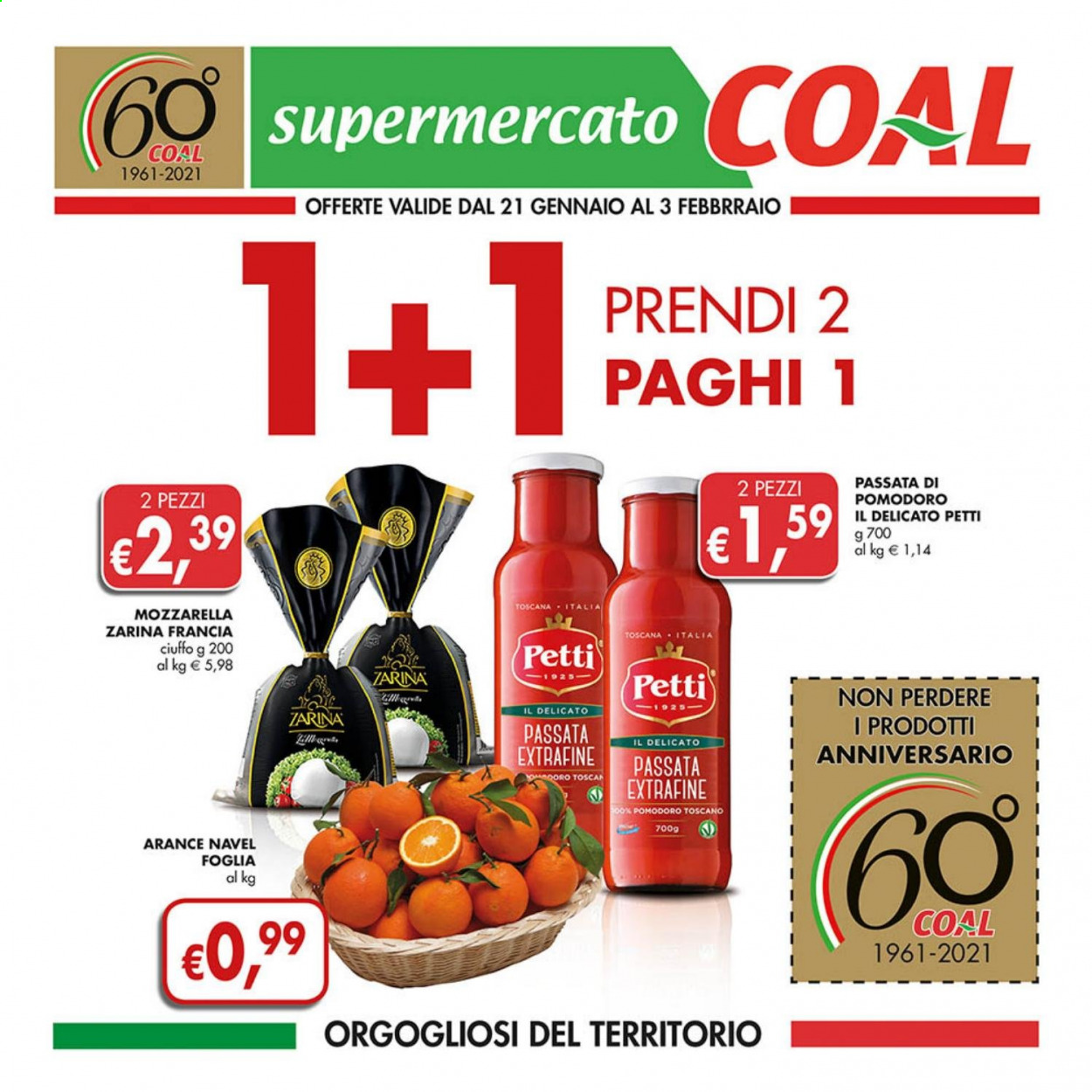 thumbnail - Volantino COAL - 21/1/2021 - 3/2/2021 - Prodotti in offerta - arance, arancie Navel, formaggio, mozzarella, passata di pomodoro, Petti. Pagina 1.