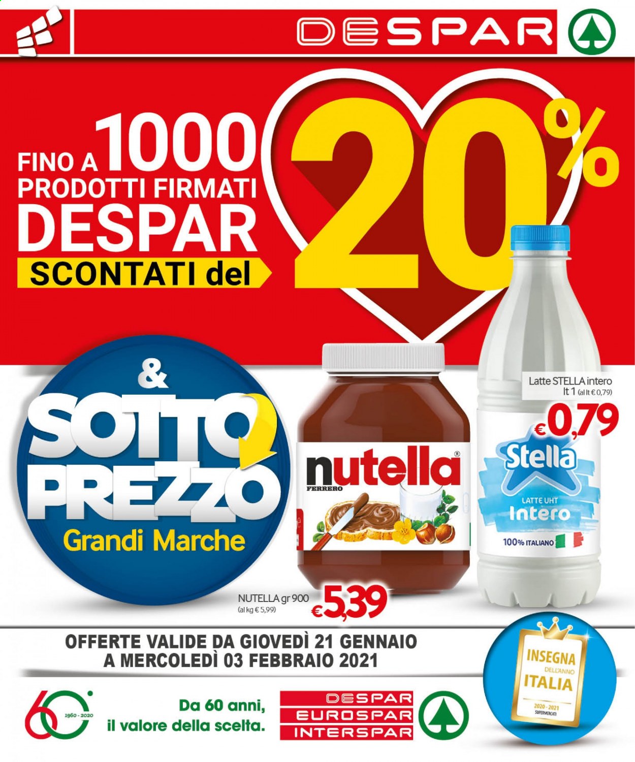thumbnail - Volantino Eurospar - 21/1/2021 - 3/2/2021 - Prodotti in offerta - Ferrero, Nutella, crema spalmabile alla nocciola. Pagina 1.