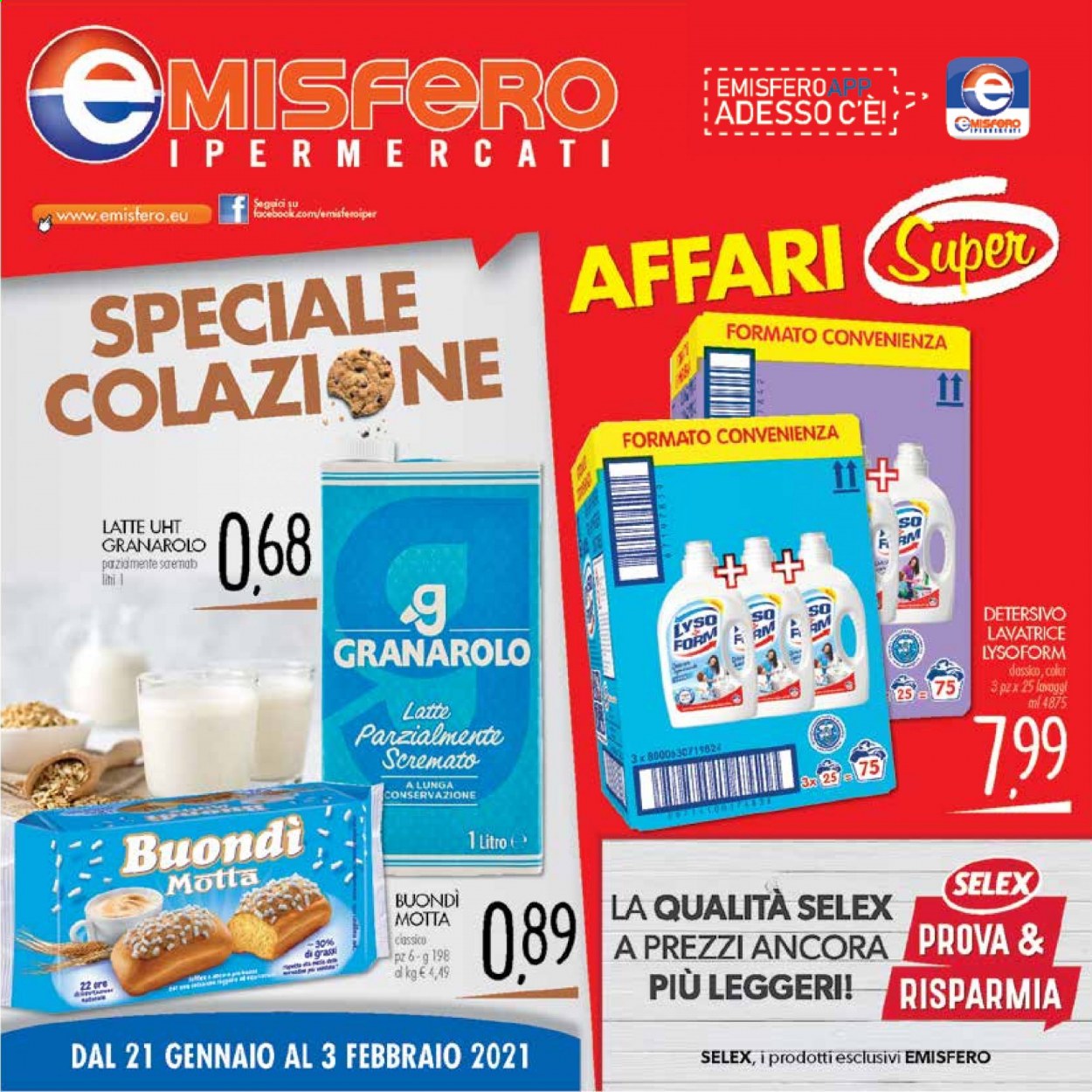 thumbnail - Volantino Emisfero - 21/1/2021 - 3/2/2021 - Prodotti in offerta - Motta, Granarolo, latte, Lysoform, detersivo per lavatrice. Pagina 1.