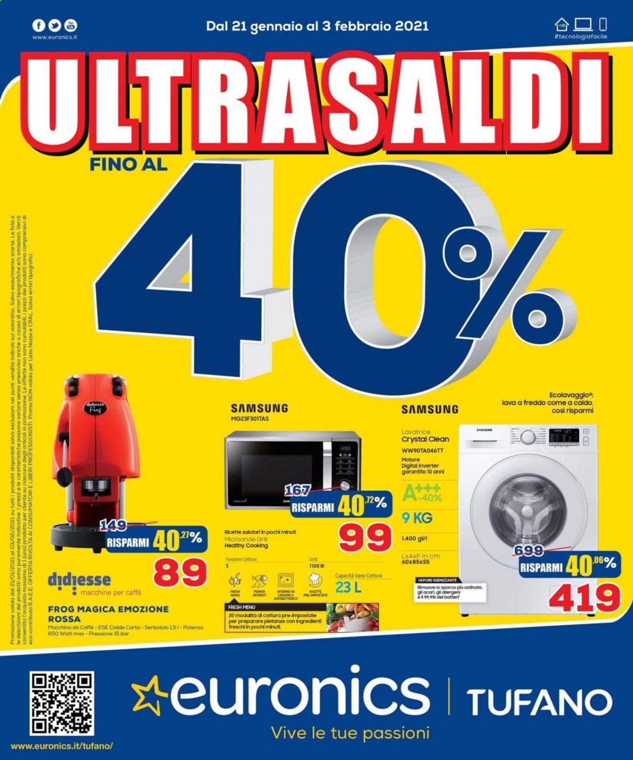 thumbnail - Volantino Euronics - 21/1/2021 - 3/2/2021 - Prodotti in offerta - Samsung, forno a microonde, lavatrice. Pagina 1.