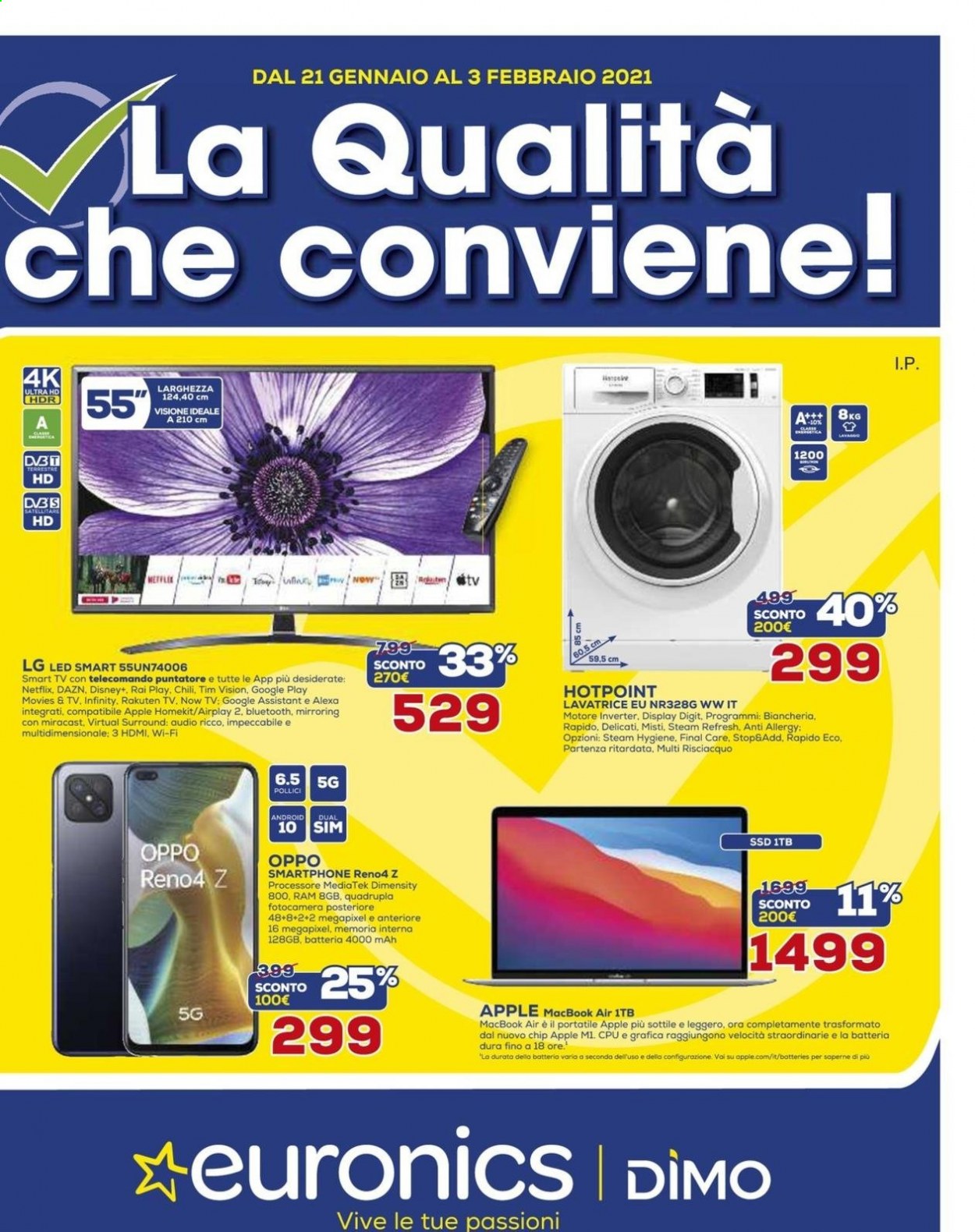 thumbnail - Volantino Euronics - 21/1/2021 - 3/2/2021 - Prodotti in offerta - LG, MacBook, MacBook Air, smartphone, OPPO, Smart TV, Ultra HD, televisore, lavatrice. Pagina 1.