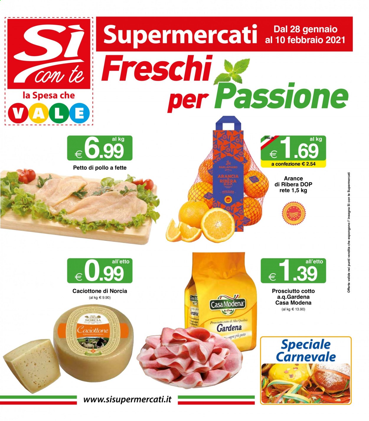 thumbnail - Volantino Si con te - 28/1/2021 - 10/2/2021 - Prodotti in offerta - arance, petto di pollo, prosciutto, prosciutto cotto. Pagina 1.