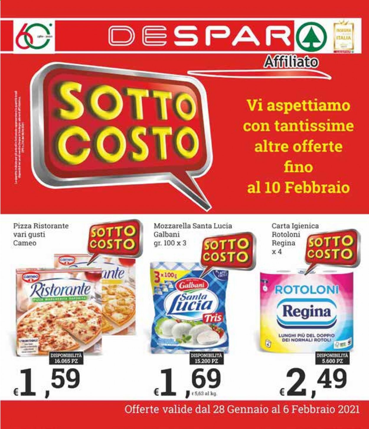thumbnail - Volantino Despar - 28/1/2021 - 10/2/2021 - Prodotti in offerta - Cameo, Galbani, formaggio, mozzarella, pizza, Pizza Ristorante, carta igienica, Regina. Pagina 1.