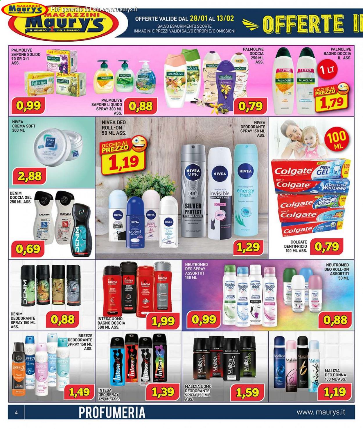 thumbnail - Volantino Maury's - 28/1/2021 - 13/2/2021 - Prodotti in offerta - Nivea, Neutromed, Malizia, Denim, sapone, sapone liquido, saponetta, Palmolive, gel doccia, Nivea Men, Colgate, dentifricio, shampoo, Breeze, deo spray, deodorante, roll on. Pagina 4.