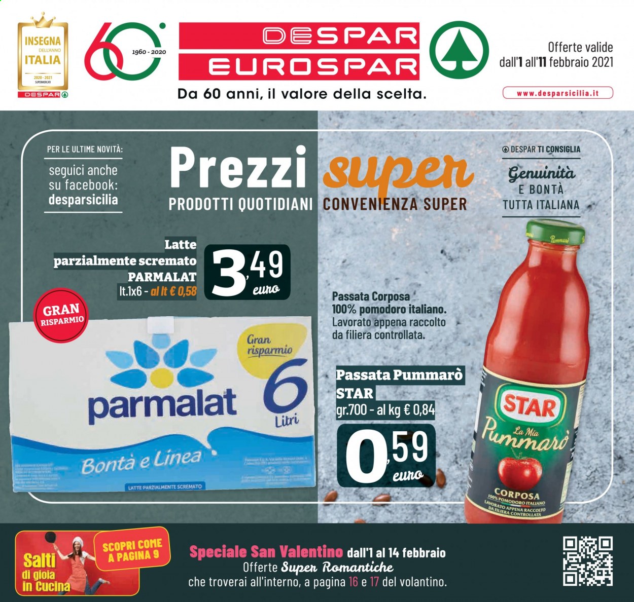 thumbnail - Volantino Eurospar - 1/2/2021 - 11/2/2021 - Prodotti in offerta - Parmalat, latte, Star, passata di pomodoro, Pummarò. Pagina 1.